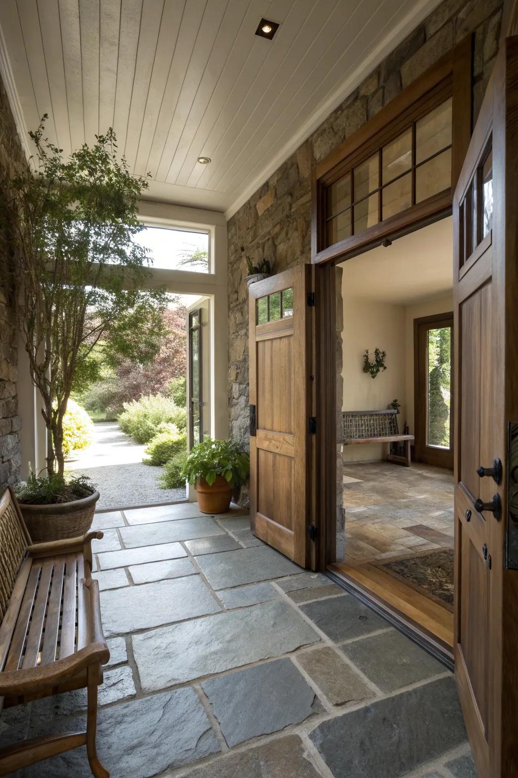 Stone tiles create a seamless transition, merging outdoor beauty with indoor comfort.