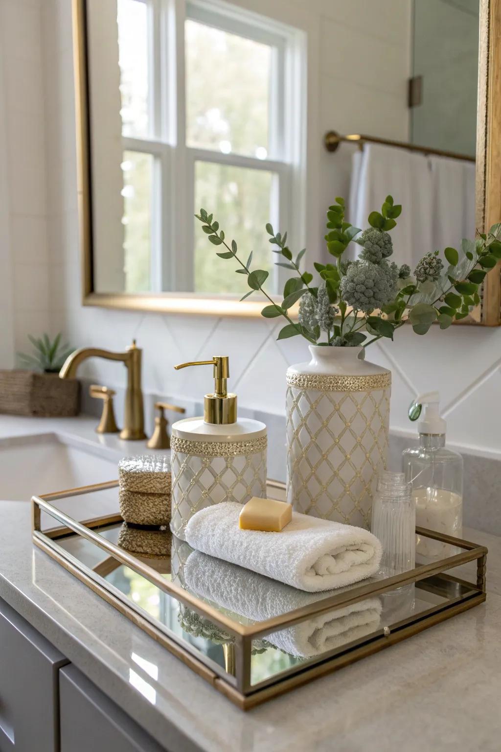 Add a touch of glamour with a reflective mirrored tray. #GlamDecor #LuxuriousLiving