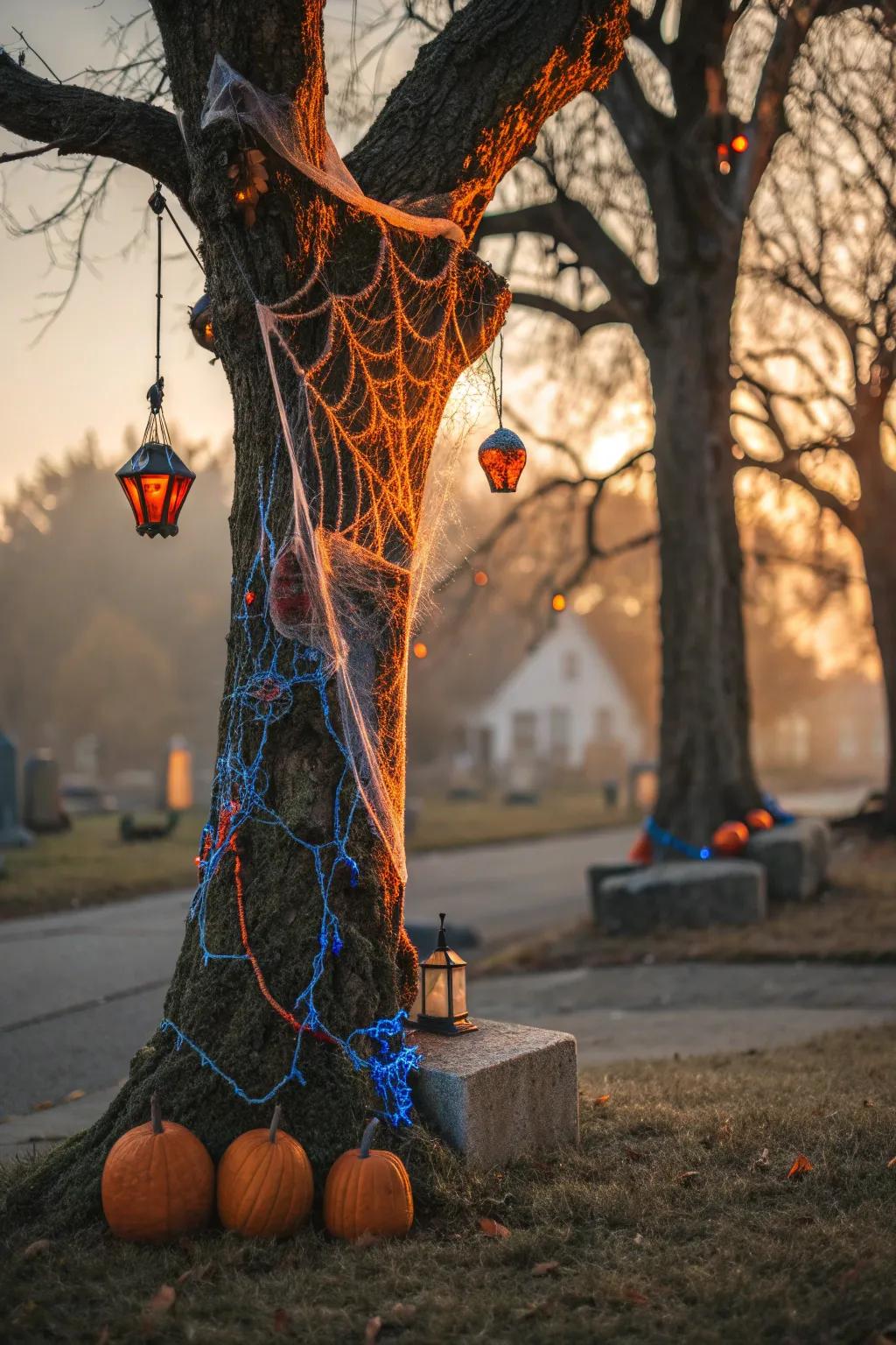 Transform your garden with a haunting tree wrapped in cobwebs and spooky ornaments.