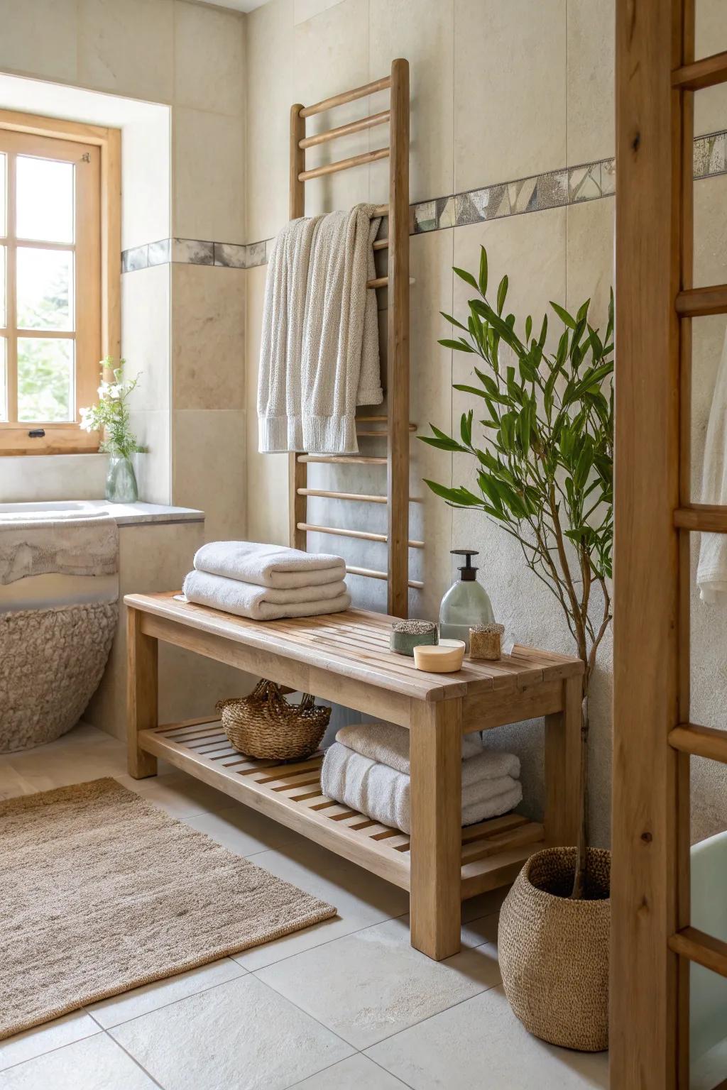 Dual-purpose benches combine seating and towel storage elegantly. 🛋️ #LuxuryBathrooms #DesignInspo