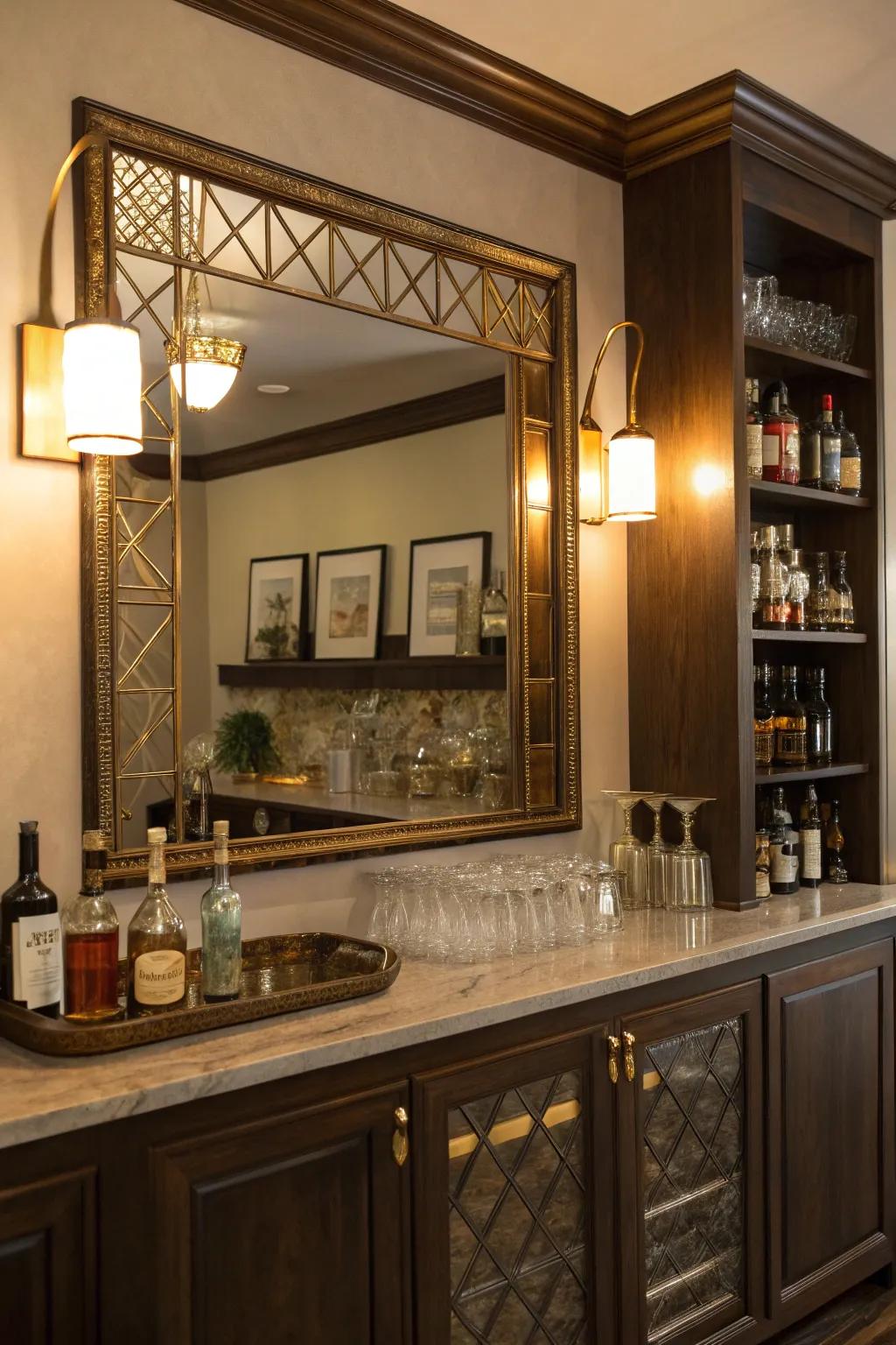 Curate a unique gallery wall with diverse mirrors that reflect your style. 🎨 #ArtisticDesign #HomeBar