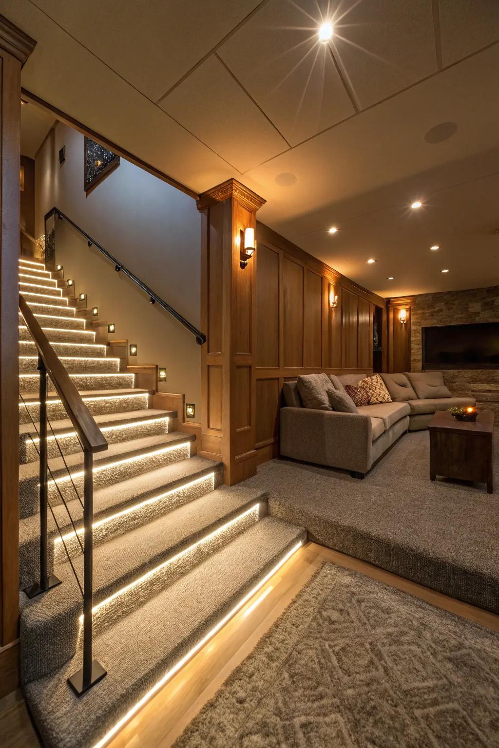 Step lighting provides safety and style in your theater. #SafetyFirst #MovieNight #LightingDesign