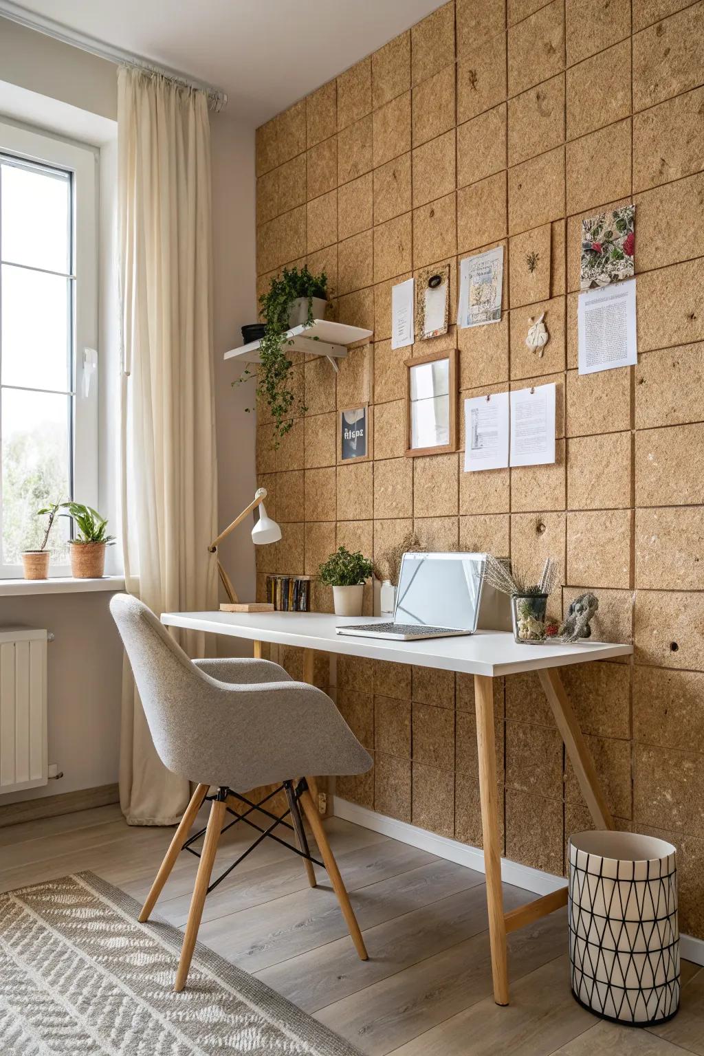 Create an inspiring workspace with cork wall cladding that combines style and sustainability. 🌿 #EcoFriendly #HomeOffice #CreativeSpaces