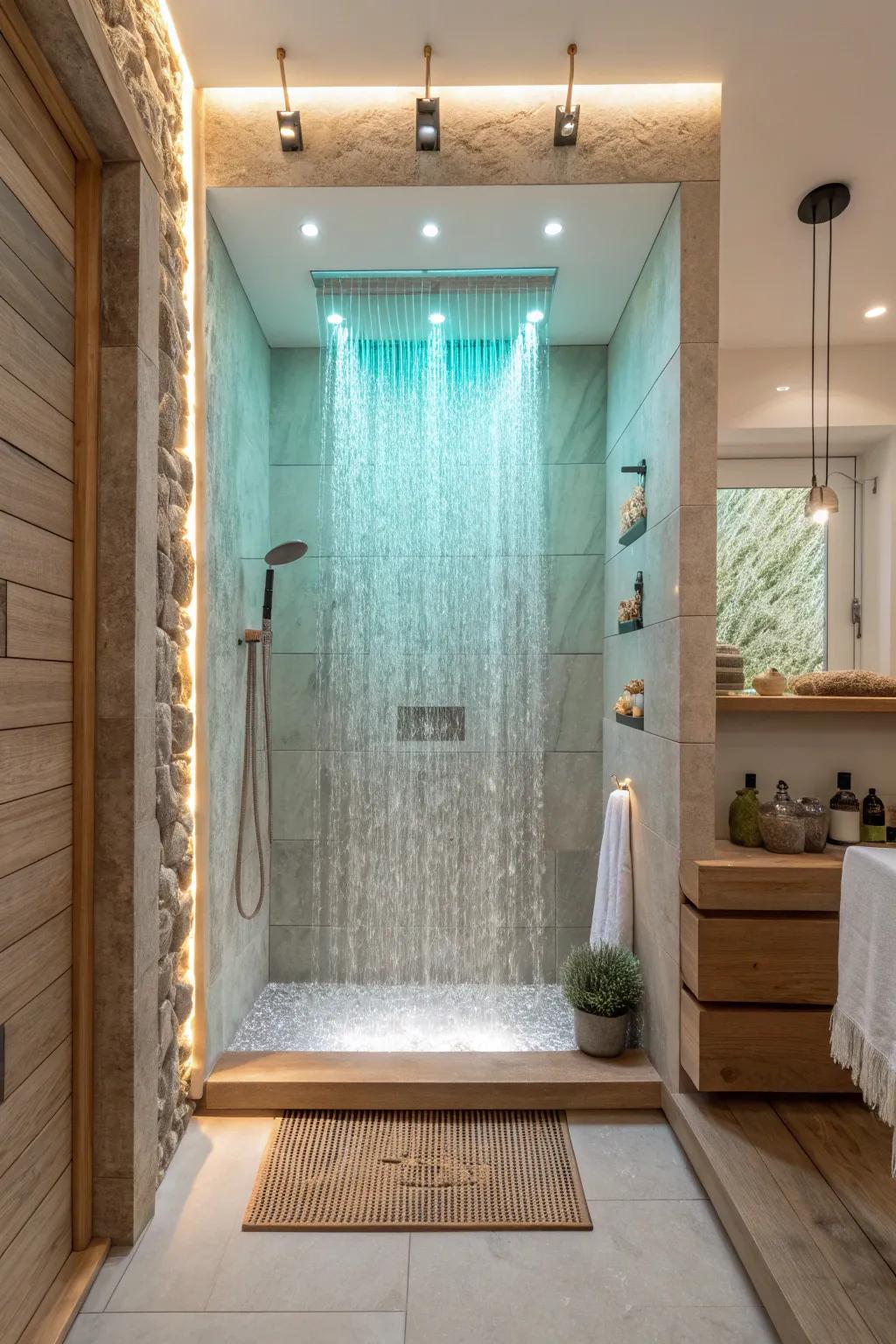 Bathe in luxury with a waterfall shower wall illuminated by soft LED lights. 💧 #LuxuryLiving #ShowerGoals