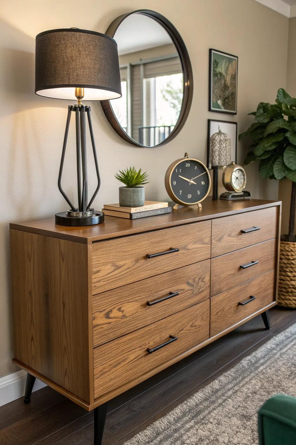 Mid-century modern design adds timeless elegance to your dresser decor.