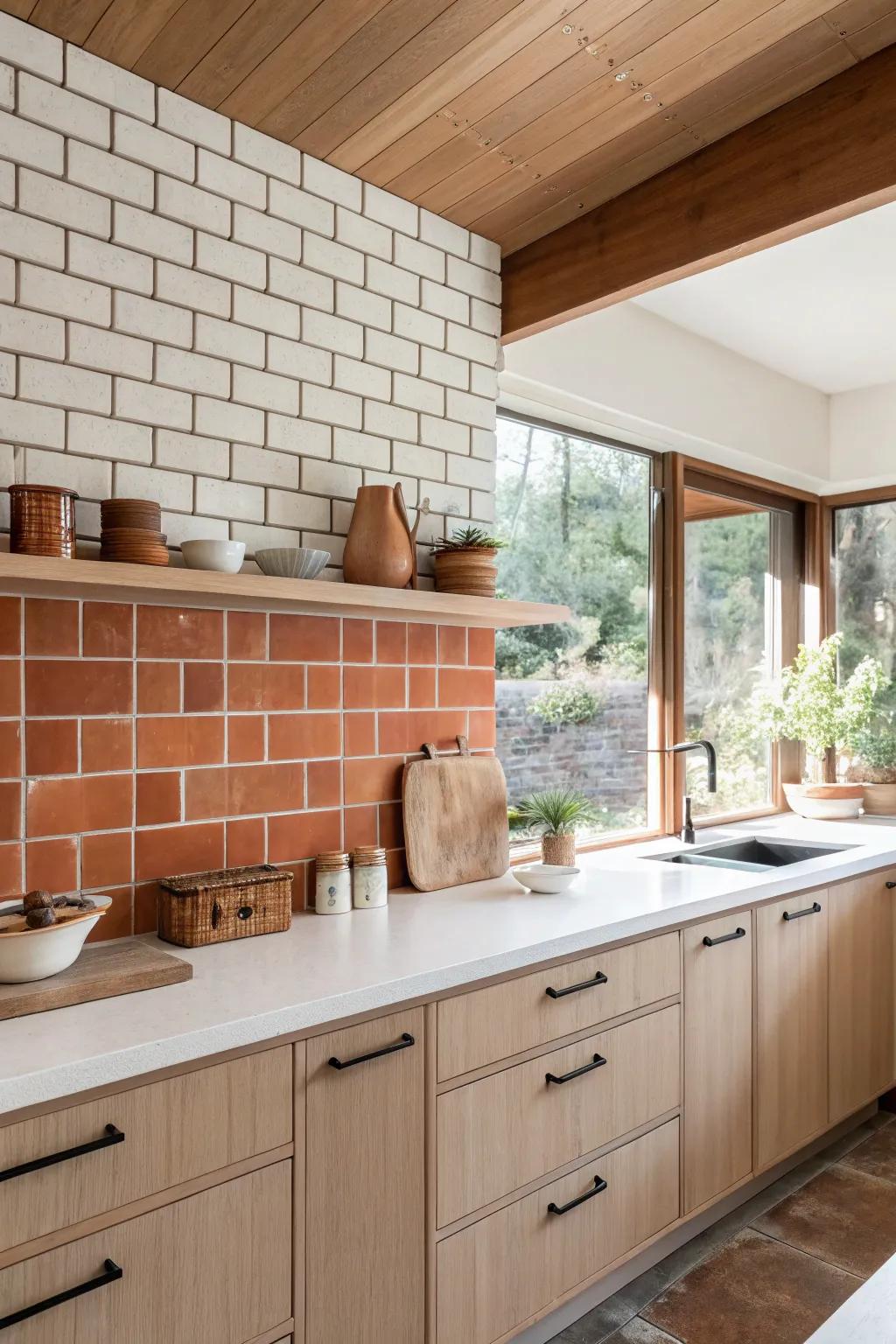 Add depth and an organic feel with tactile brick textures in your mid-century kitchen.