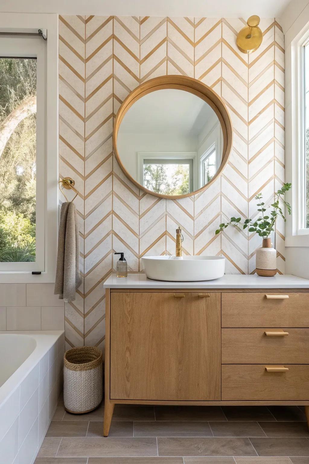 Add a dynamic flair to your bathroom with chevron patterns that lead the way. ✨ #ChevronPattern #BathroomInspo