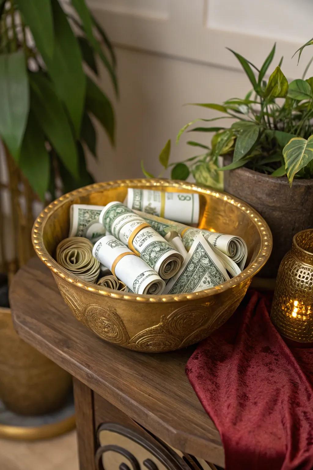 A decorative money bowl highlights prosperity with simple sophistication.