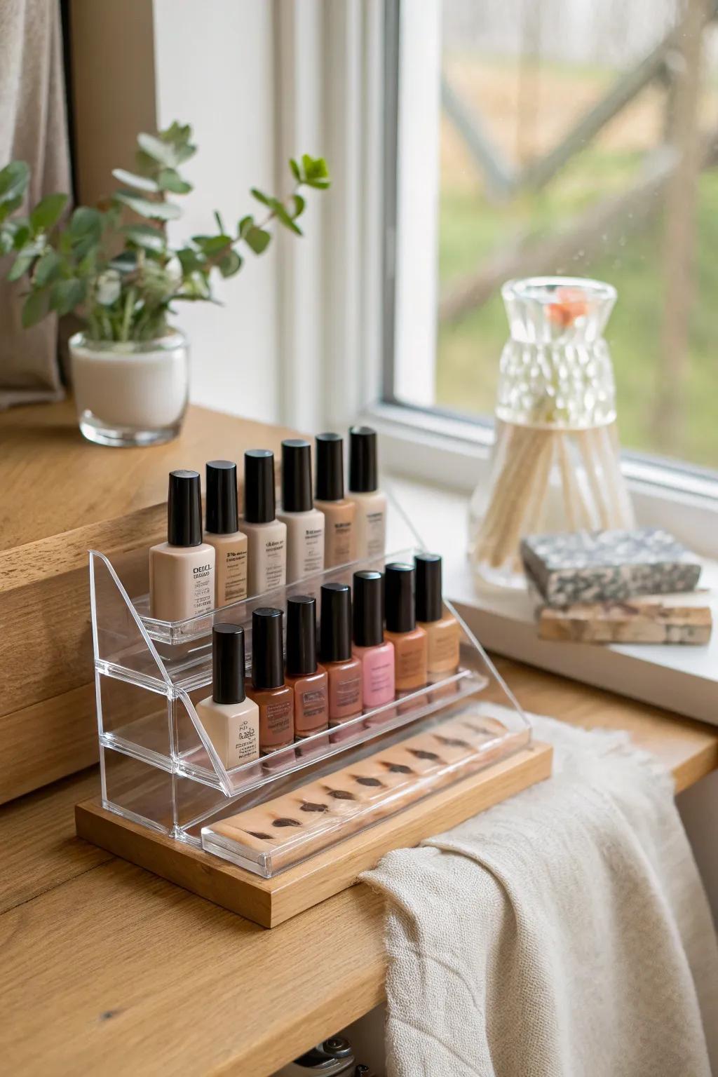 Streamline your polish storage with an acrylic rack that offers both visibility and elegance.