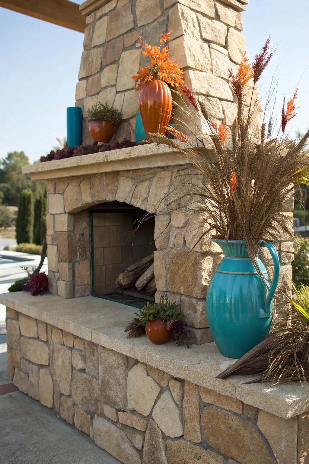 Stone mantels with natural accents create a harmonious indoor-outdoor feel. #NaturalDecor #CozyLiving