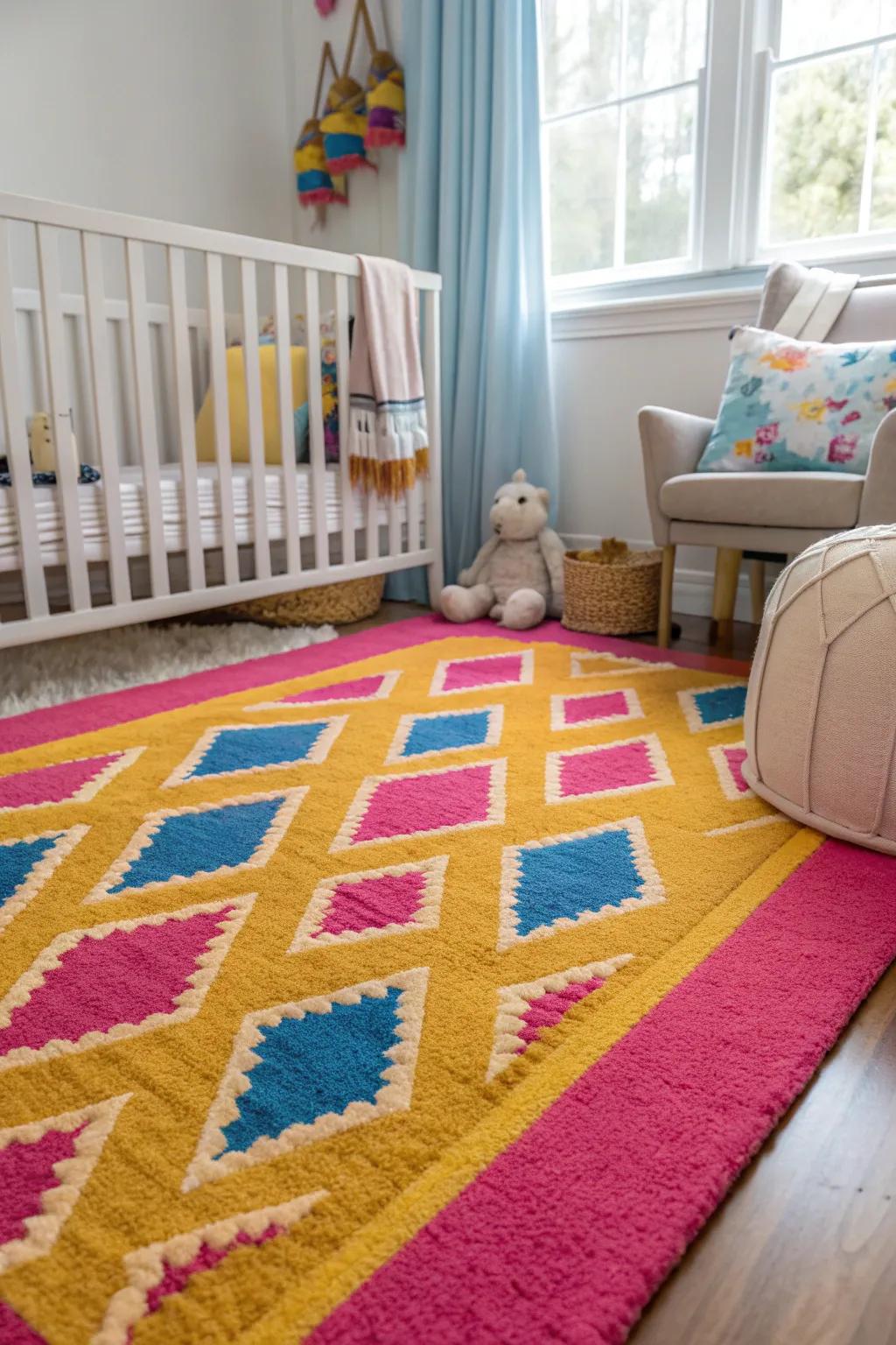 Go bold with a patterned rug that makes your nursery pop with personality.