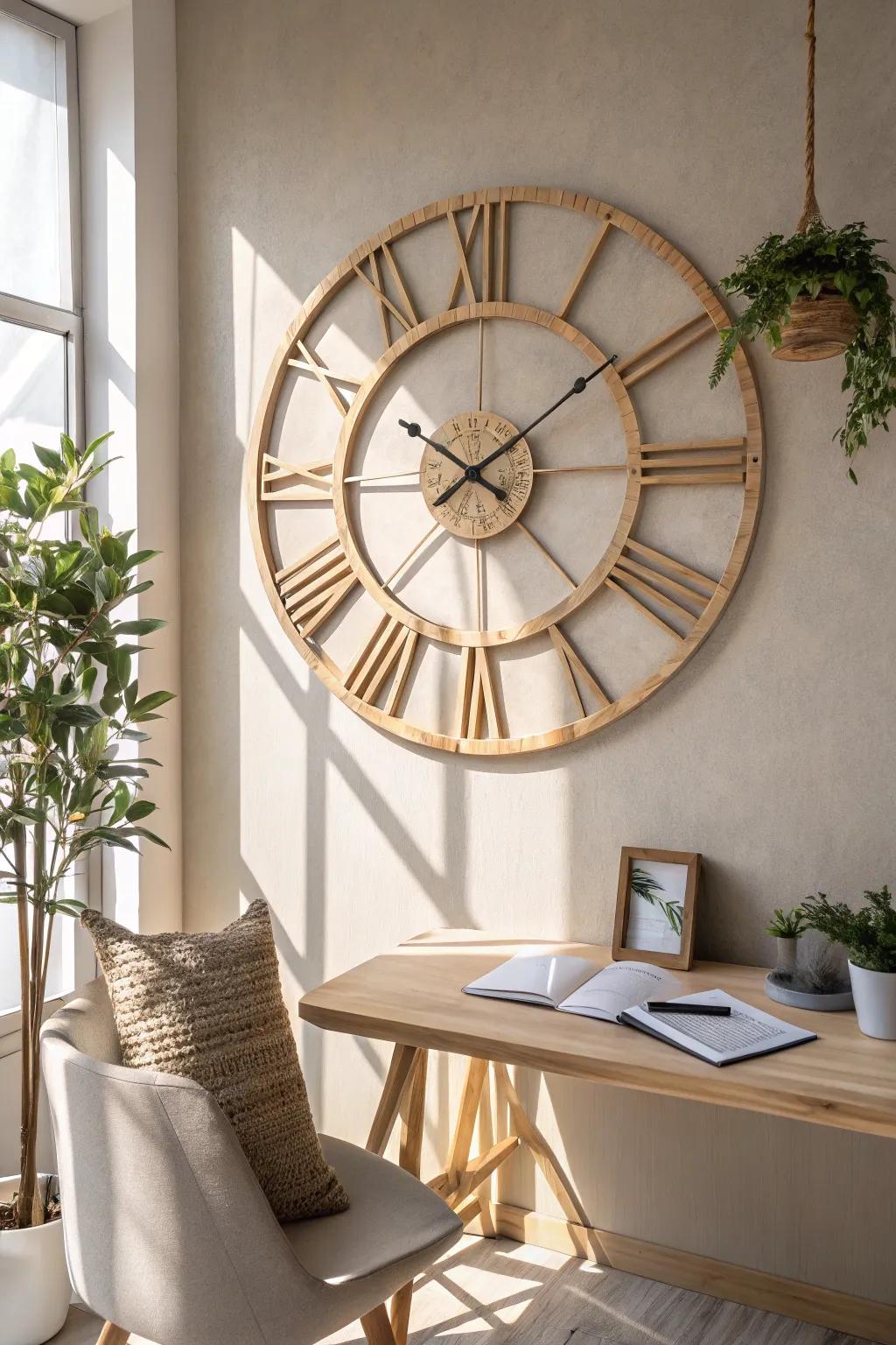 Keep time with elegance, using a large clock that doubles as art in your office.