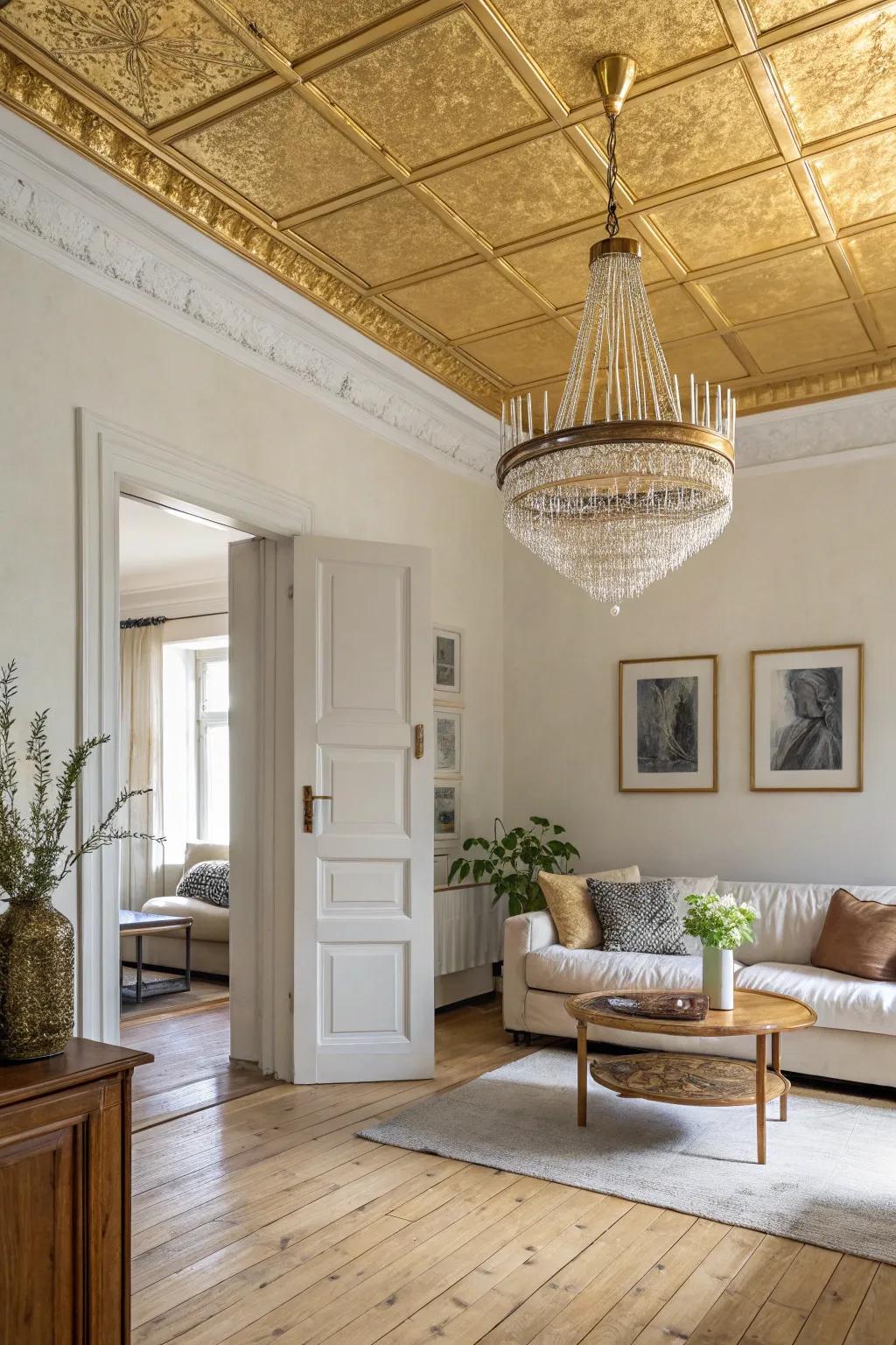 Infuse vintage glamour into your space with a gold-painted ceiling, perfect for a touch of luxury.