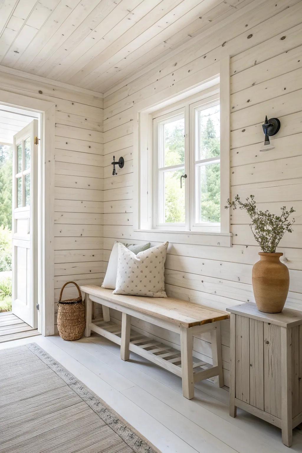 Whitewashed walls highlight natural wood grains in a minimalist setting.