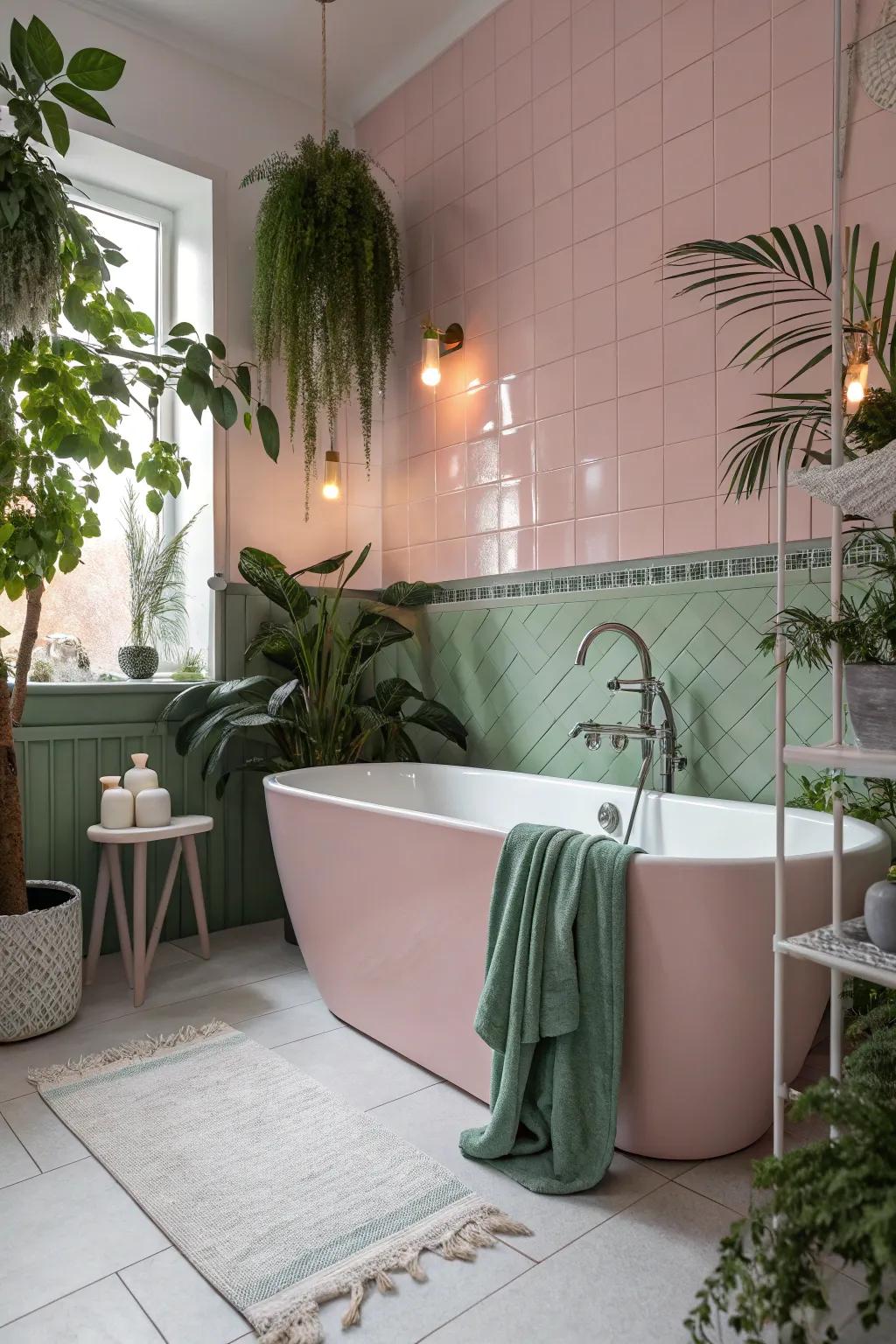 Less is more with minimalist decor in pink and green, crafting a serene bathroom retreat.