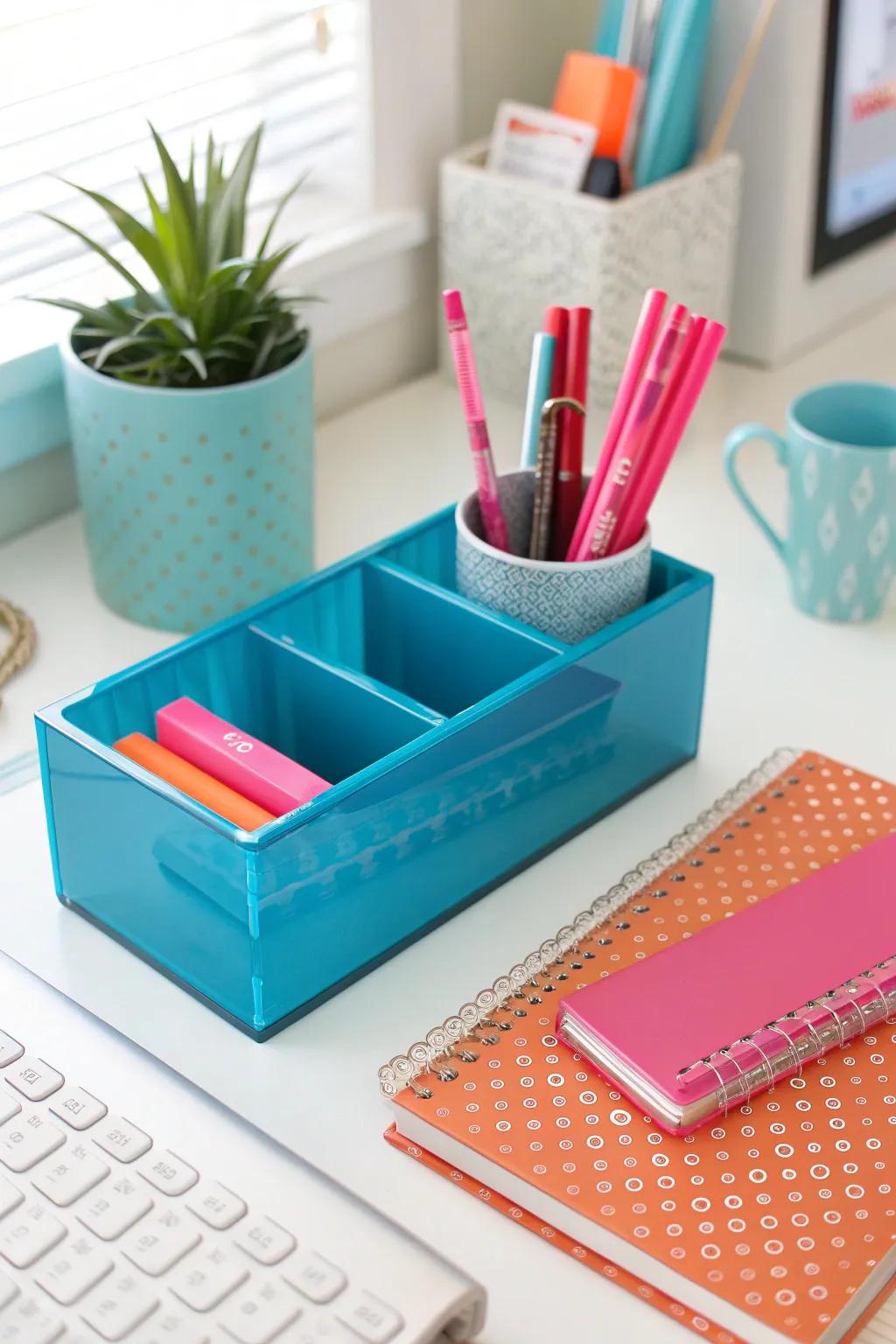 Keep your workspace tidy with vibrant and functional organizers. 📚 #Organization #DeskAccessories #PreppyStyle