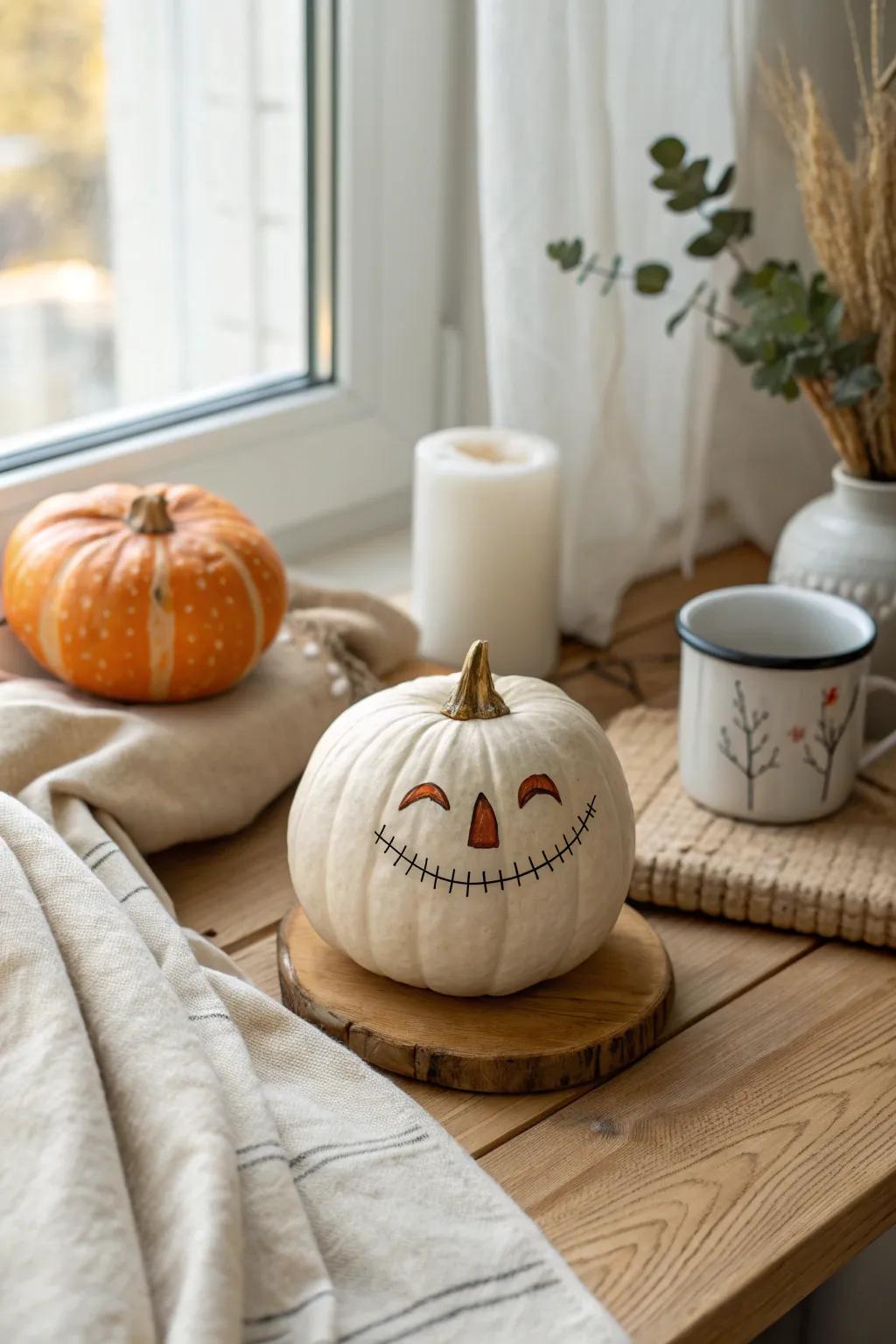 Add a touch of whimsy with stitch-like designs that give your pumpkins a cozy, handmade charm.