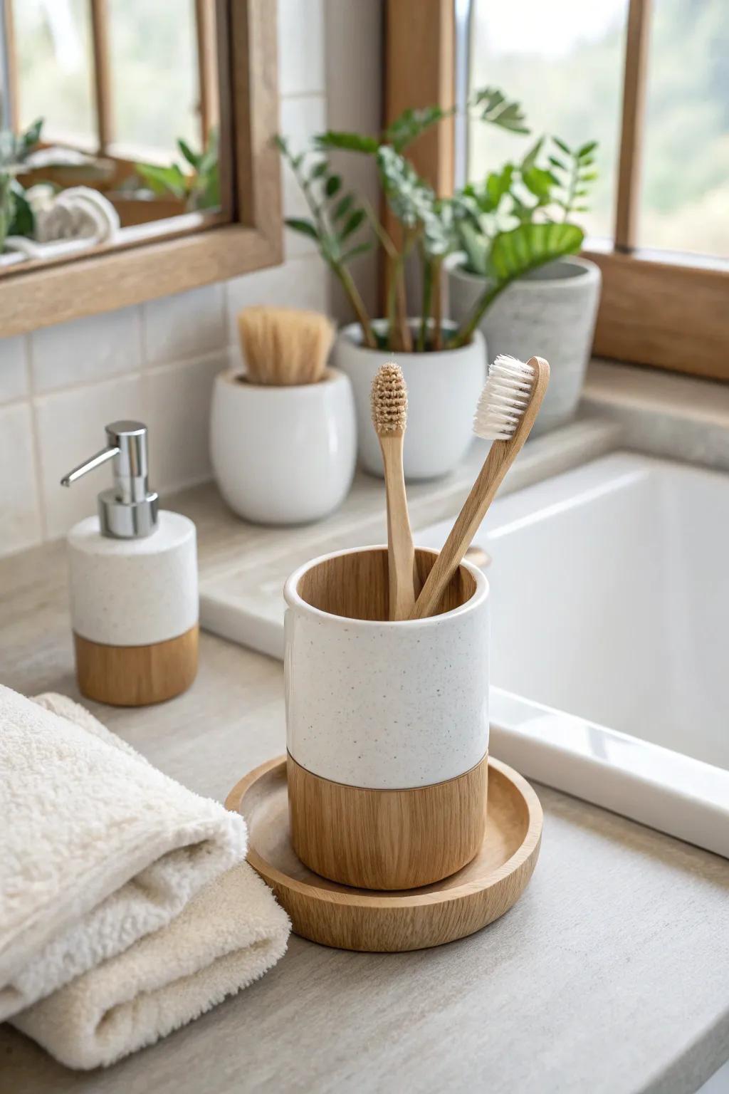 Keep your sink area neat with a recessed toothbrush holder that blends in beautifully. 🦷 #BathroomHacks #OrganizedLiving