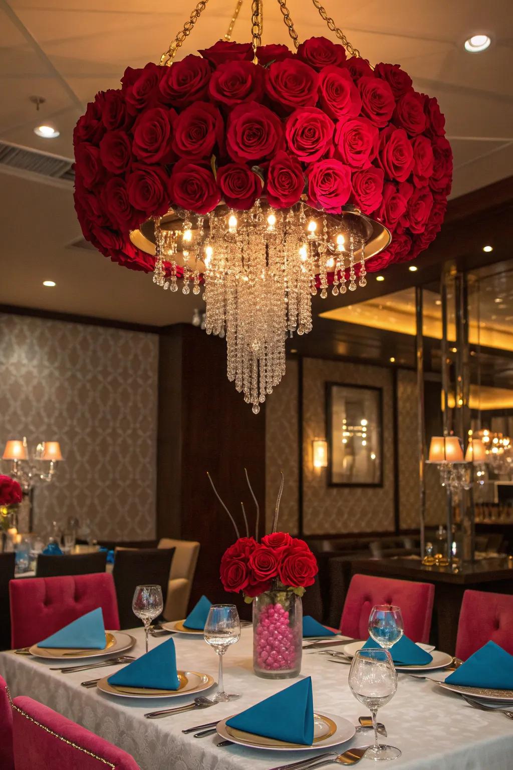 Add drama with a stunning red rose chandelier centerpiece.