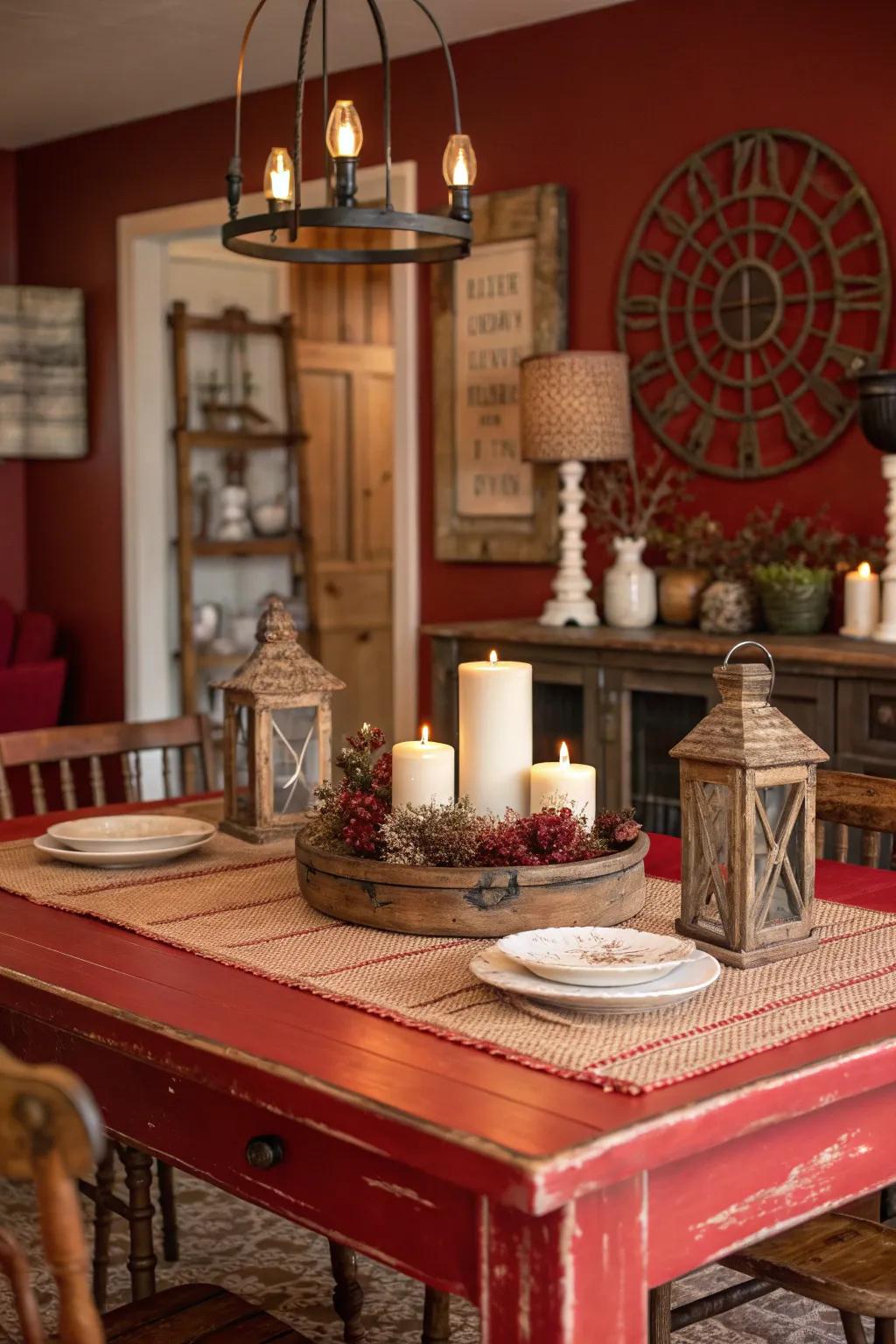 Rustic red elements add charm and warmth to your dining space.