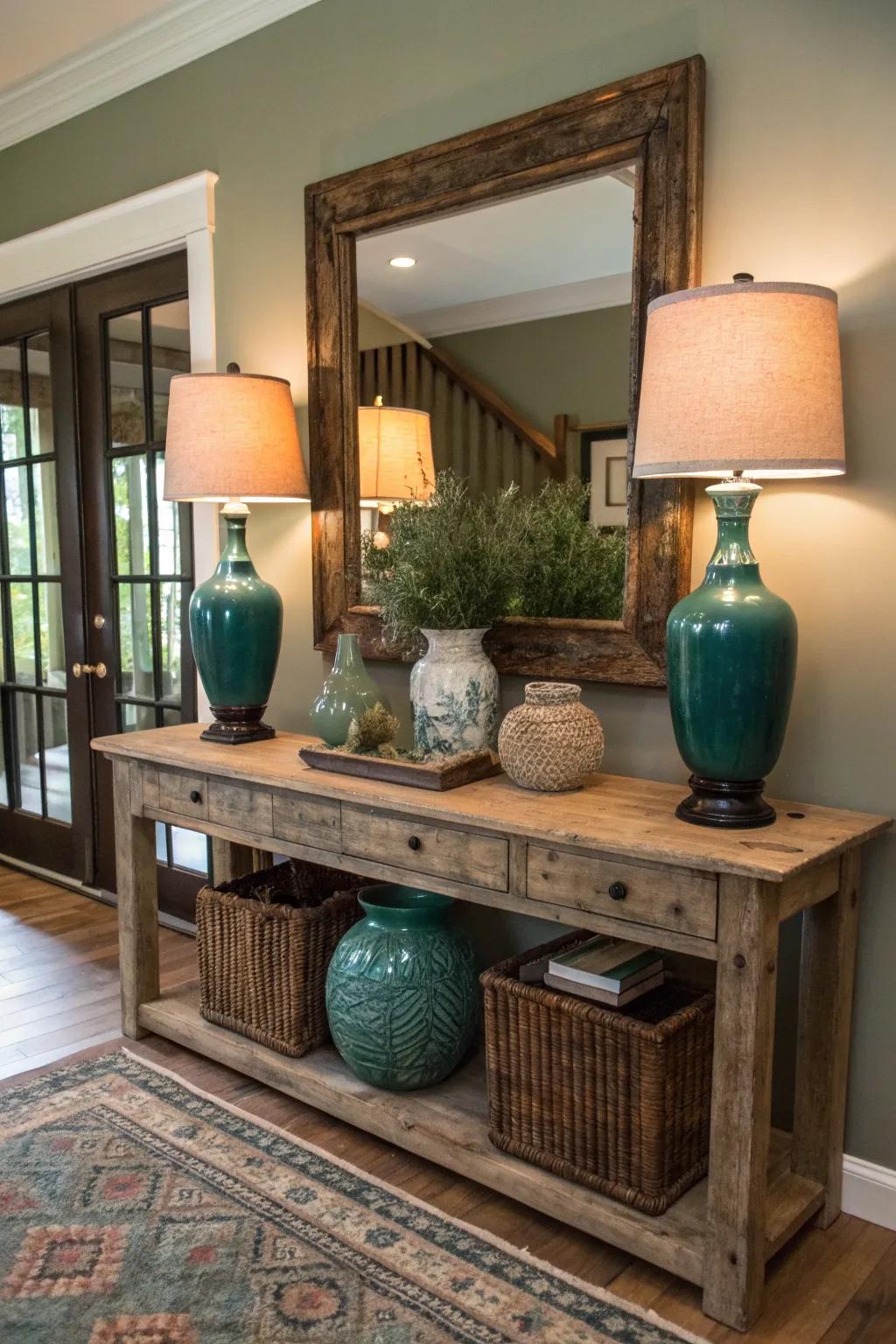 Symmetrical decor brings a sense of peaceful harmony to your rustic entryway.