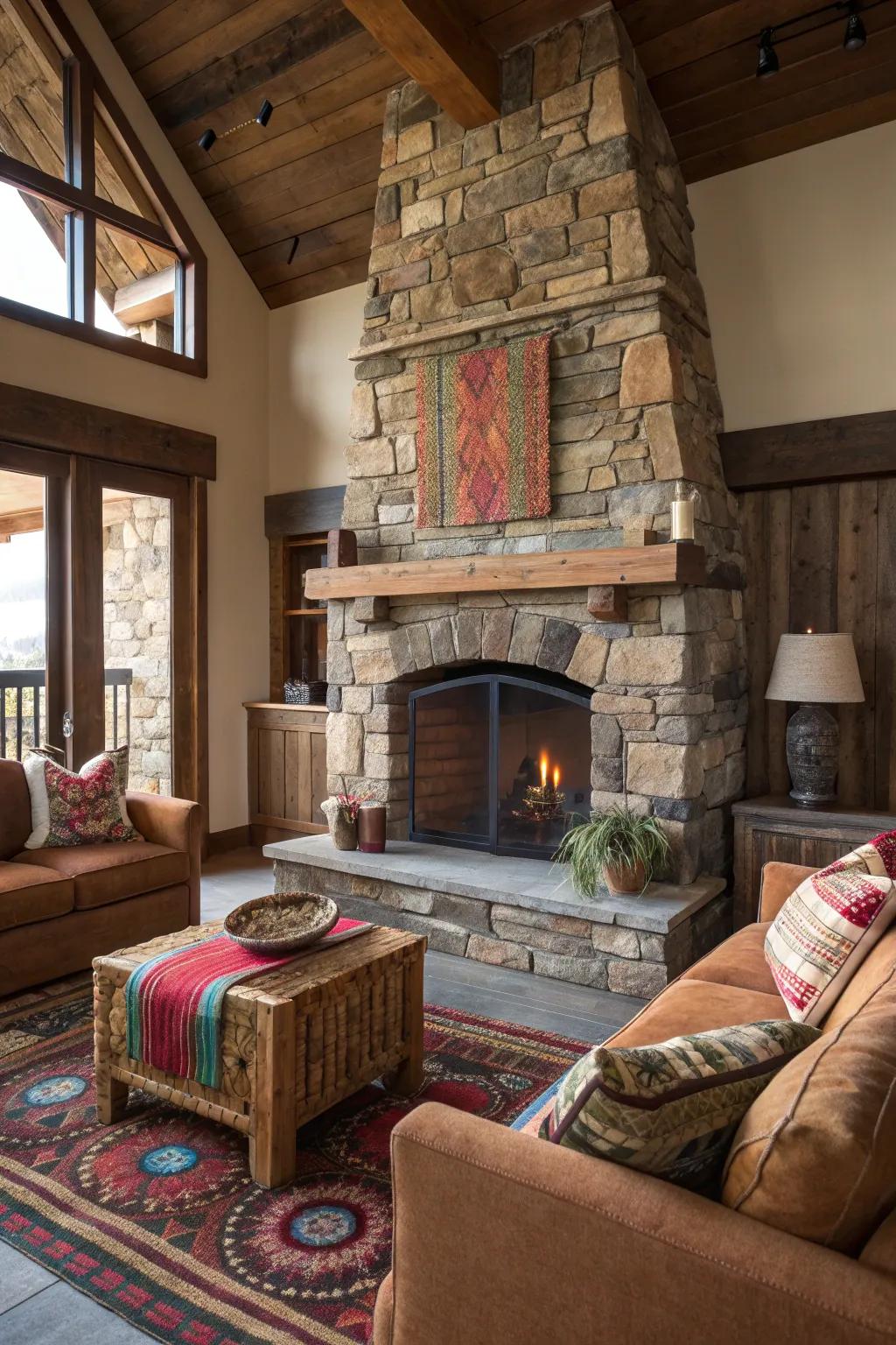 Colorful surrounds bring vibrancy and life to rustic fireplaces. #ColorfulHome #FireplaceDecor