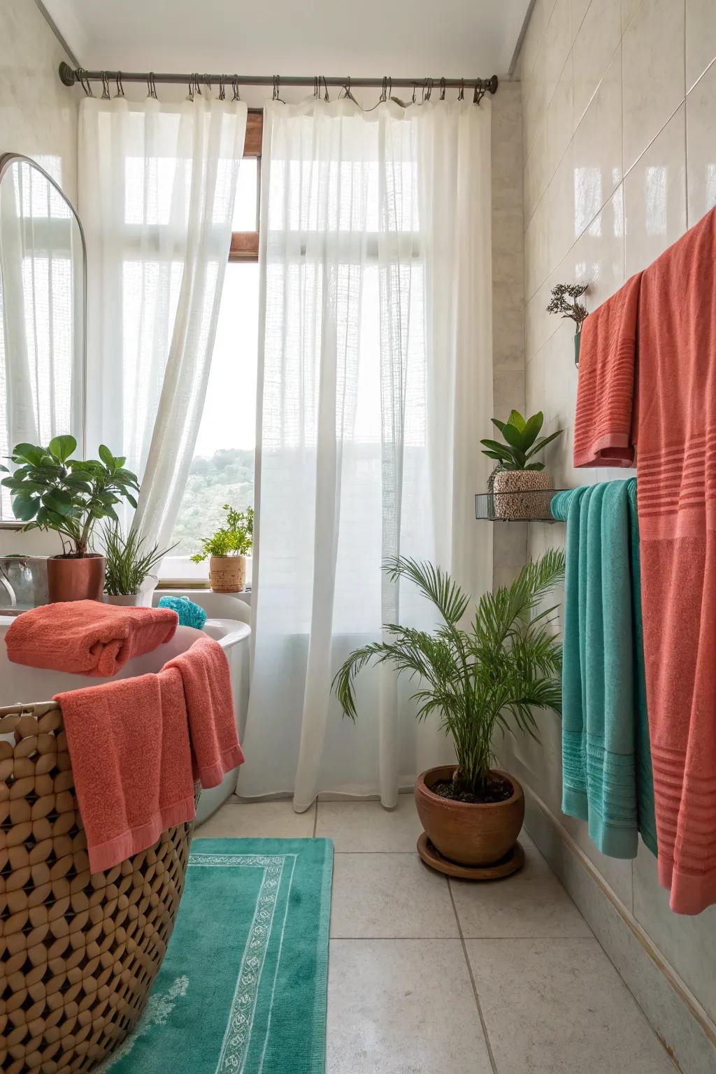 Create a serene, spa-like atmosphere in your bathroom with sheer curtains. #SpaBathroom #Relaxation