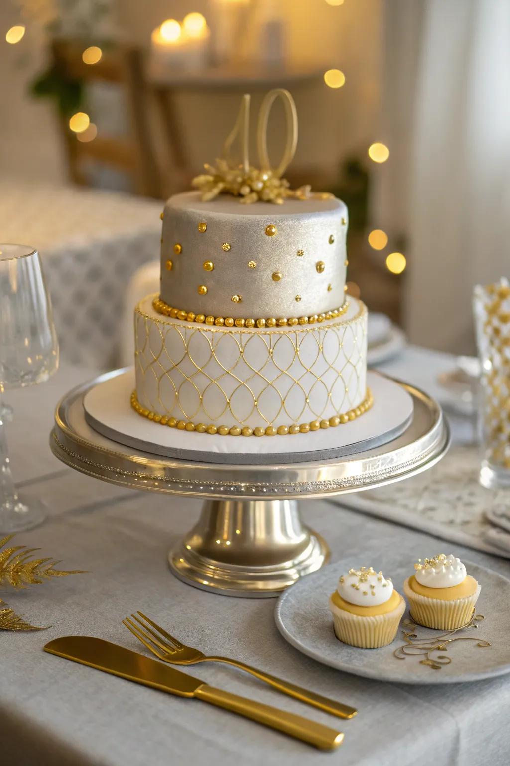 Silver and gold unite for a royal cake design that dazzles.