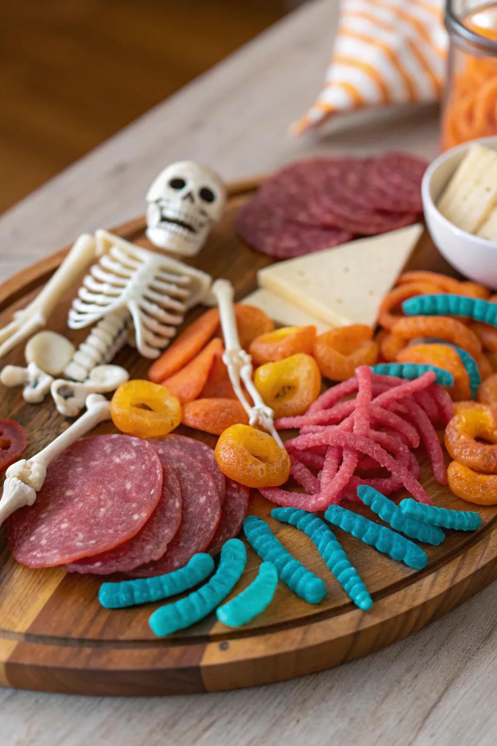 Gummy worms add a playful, unexpected twist to your Halloween charcuterie board.
