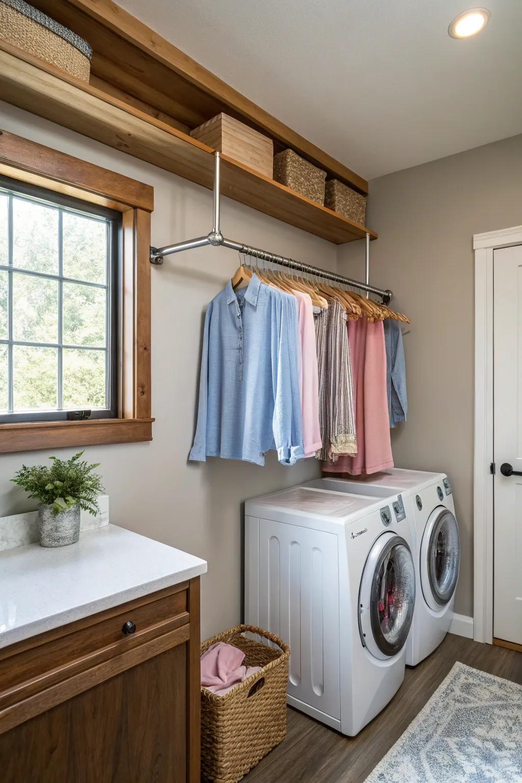 Maximize functionality with tension rods, offering a flexible solution for hanging clothes.