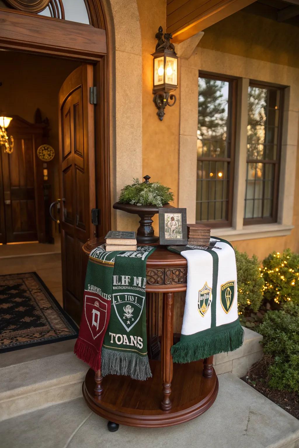 Greet guests with a tabletop stand that showcases your scarves in style. #EntrywayDecor #SoccerStyle #WelcomeHome