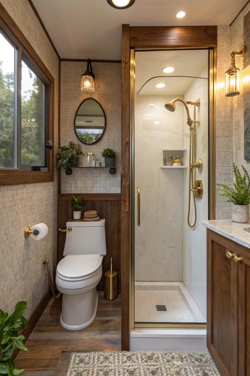 Get creative with an integrated shower and toilet, transforming your tiny bathroom with innovative design. 🚿 #TinyHouseHacks #DesignInnovation