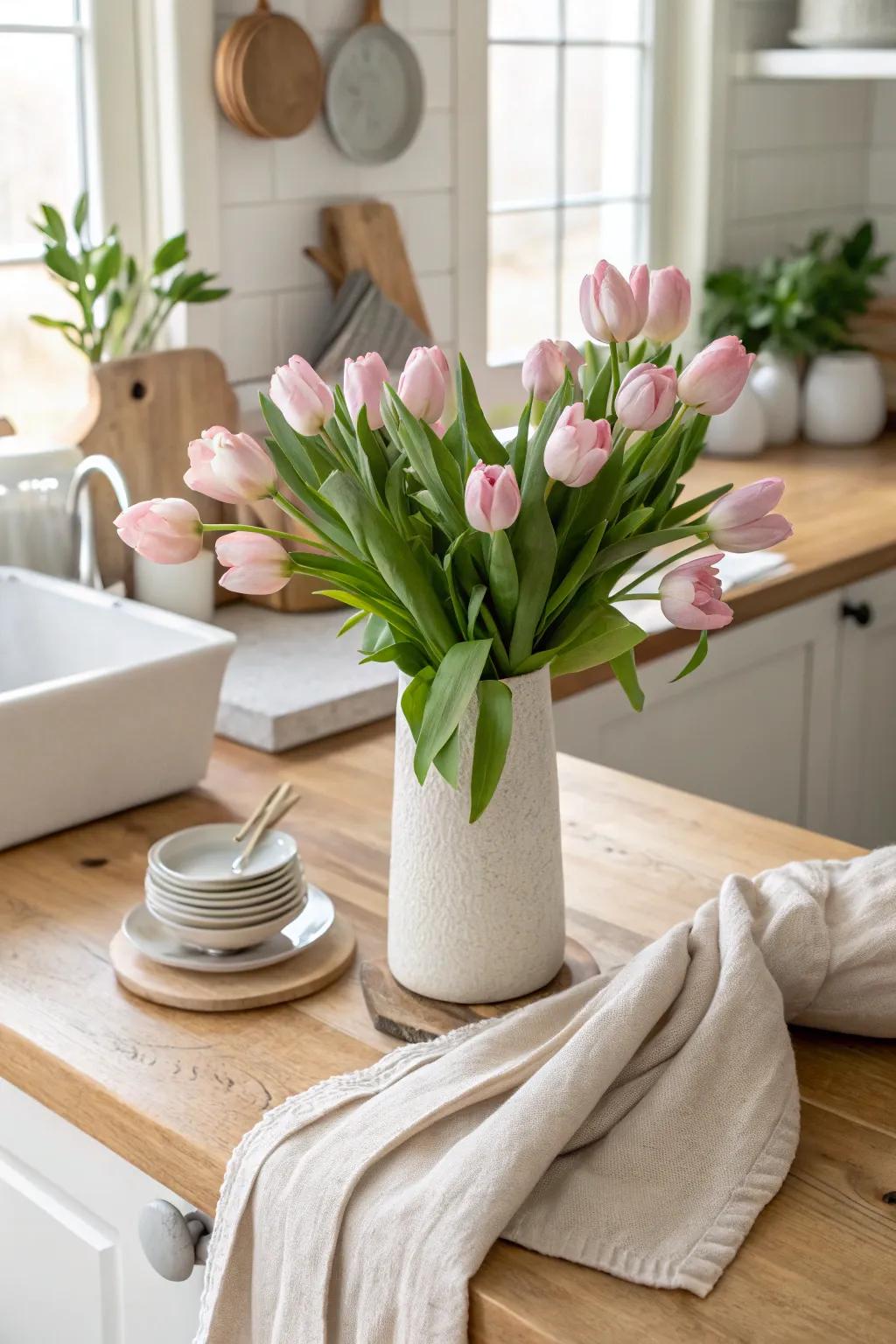 Make your kitchen island a focal point with a vibrant tulip arrangement.
