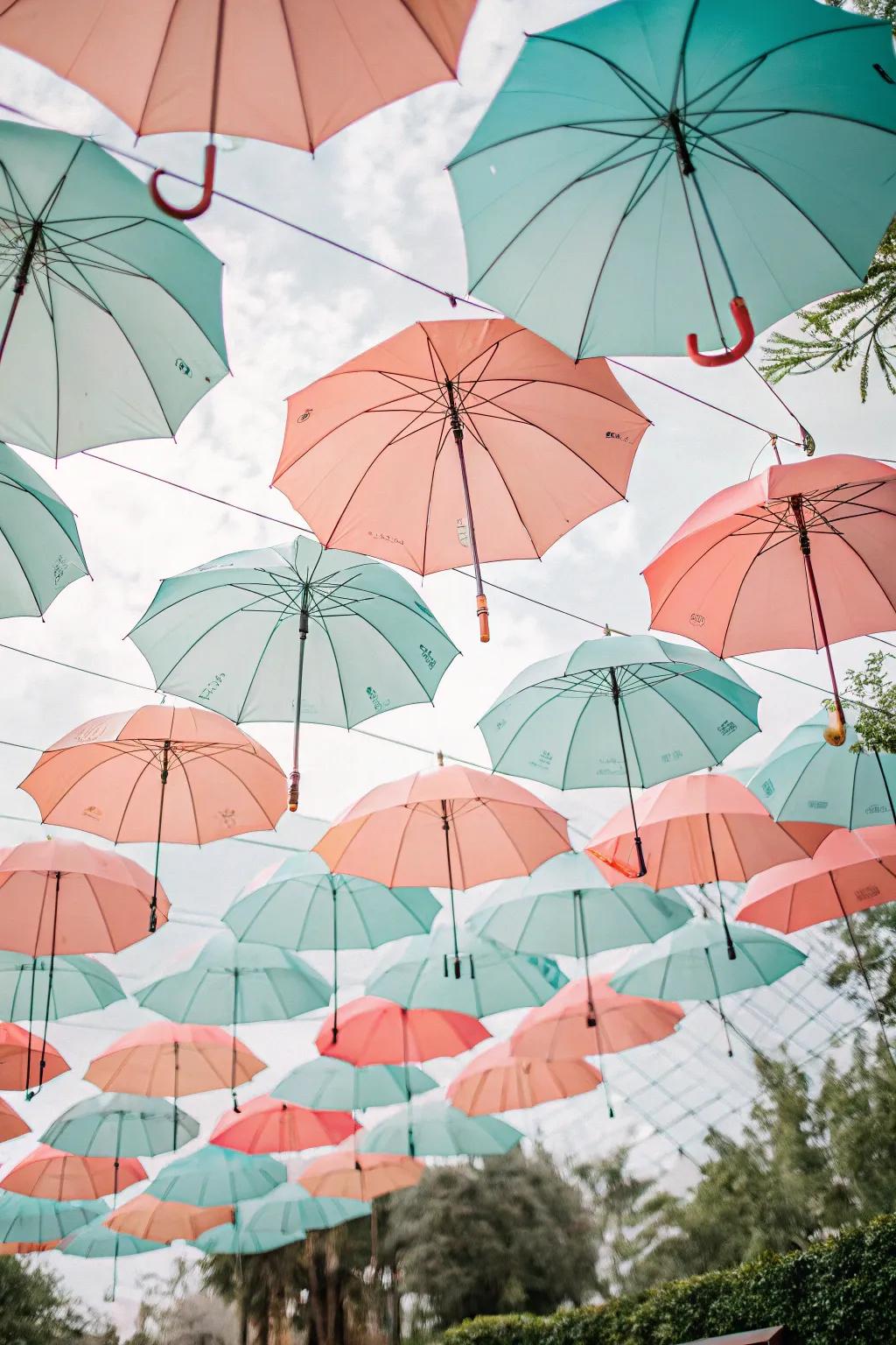 Create a magical atmosphere with floating umbrella illusions.