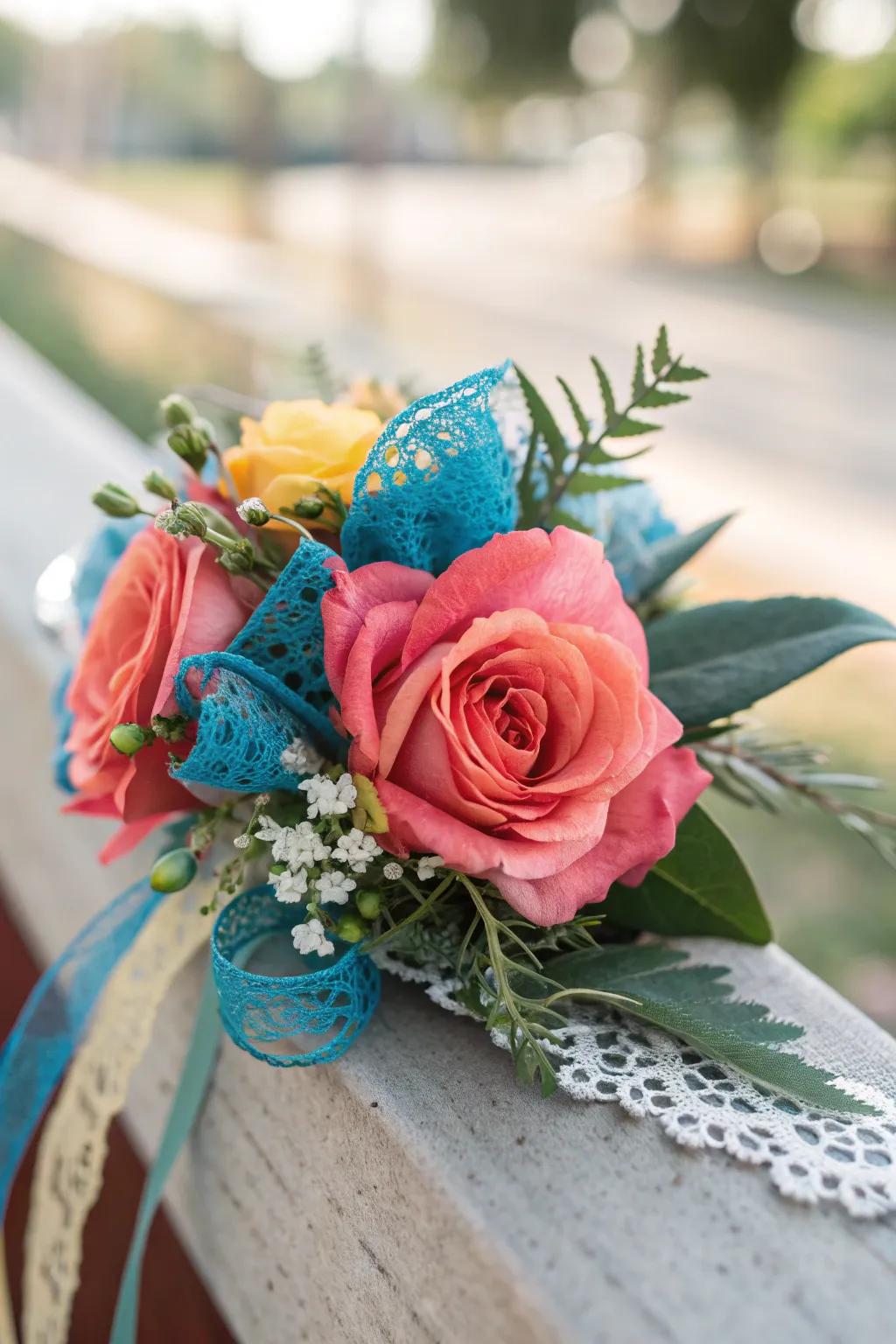 Dive into depth with a corsage that layers textures for a rich, tactile experience.