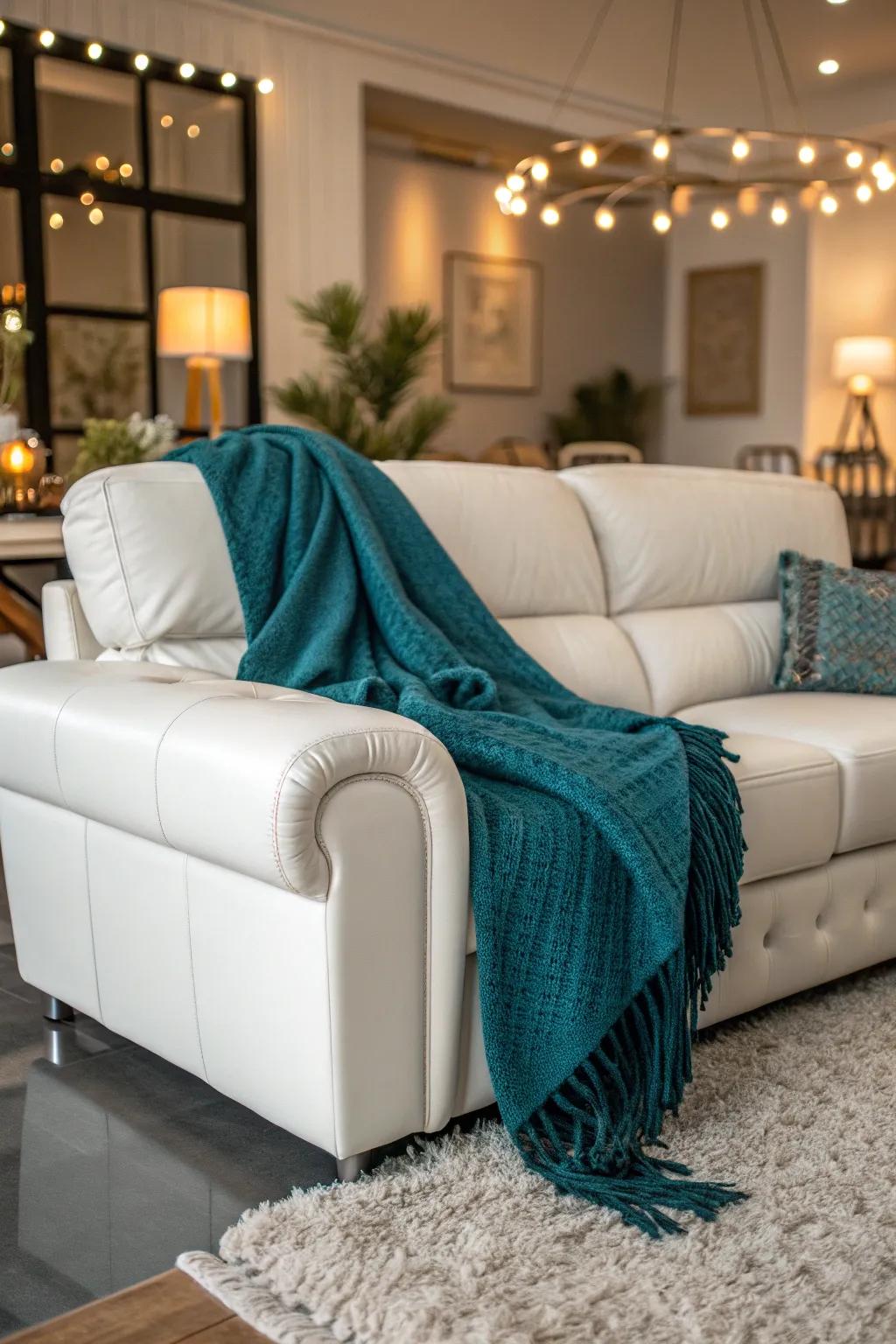 A statement throw transforms your white leather sofa into a cozy and stylish haven.