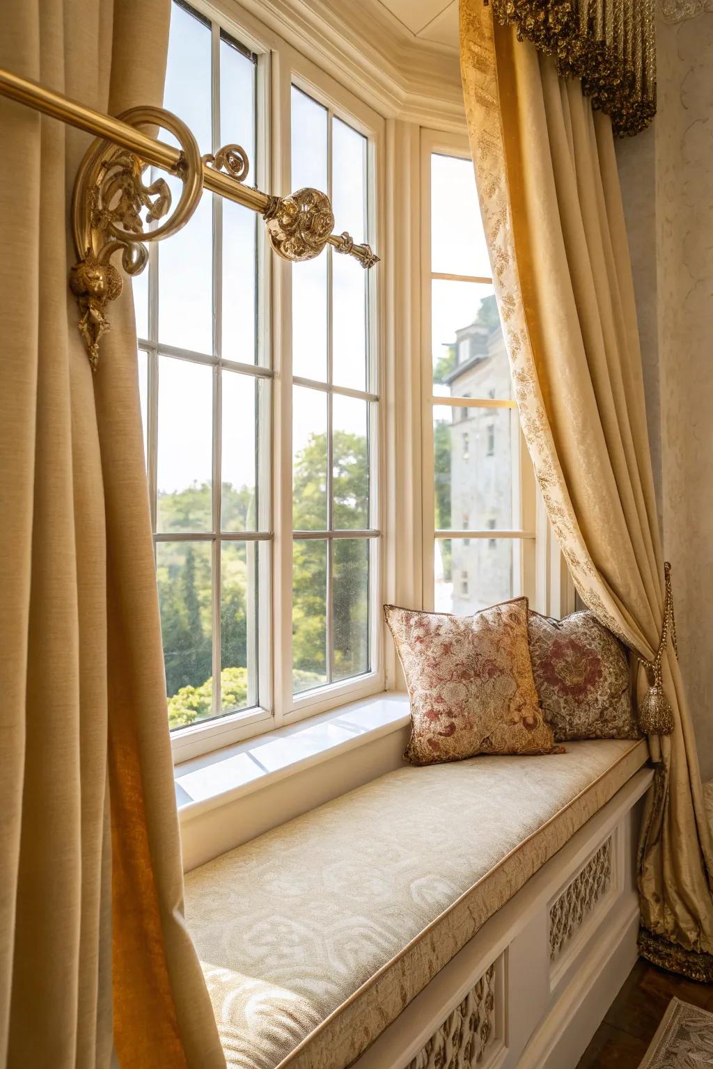 Decorative rods provide the perfect finishing touch to your window seat curtains. #DecorativeDetails #CurtainStyle #ElegantTouches