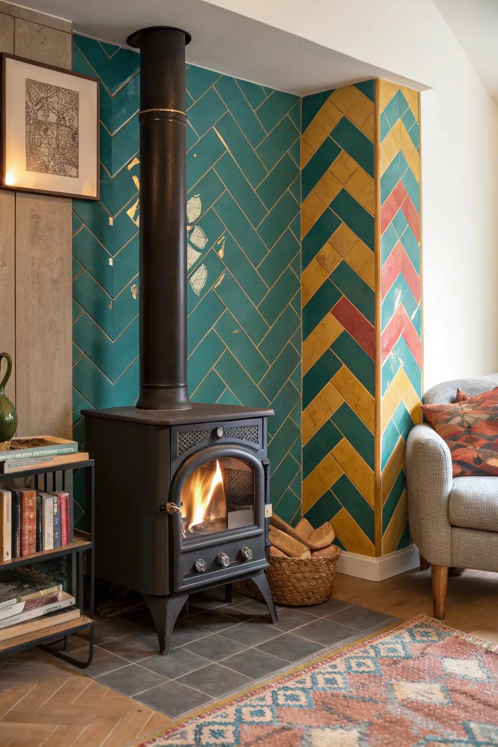 Add a modern twist with a chevron pattern around your stove, enhancing your room's visual dynamics.