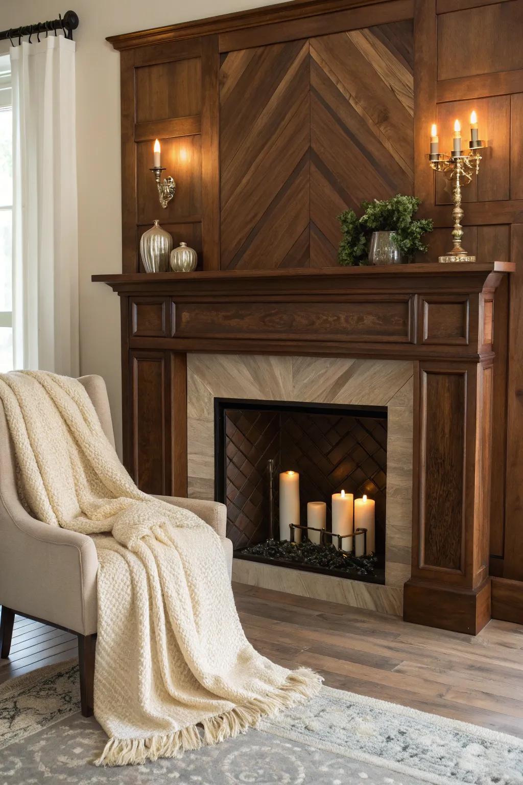 Create a cozy fireplace nook with an elegant wood plank surround.