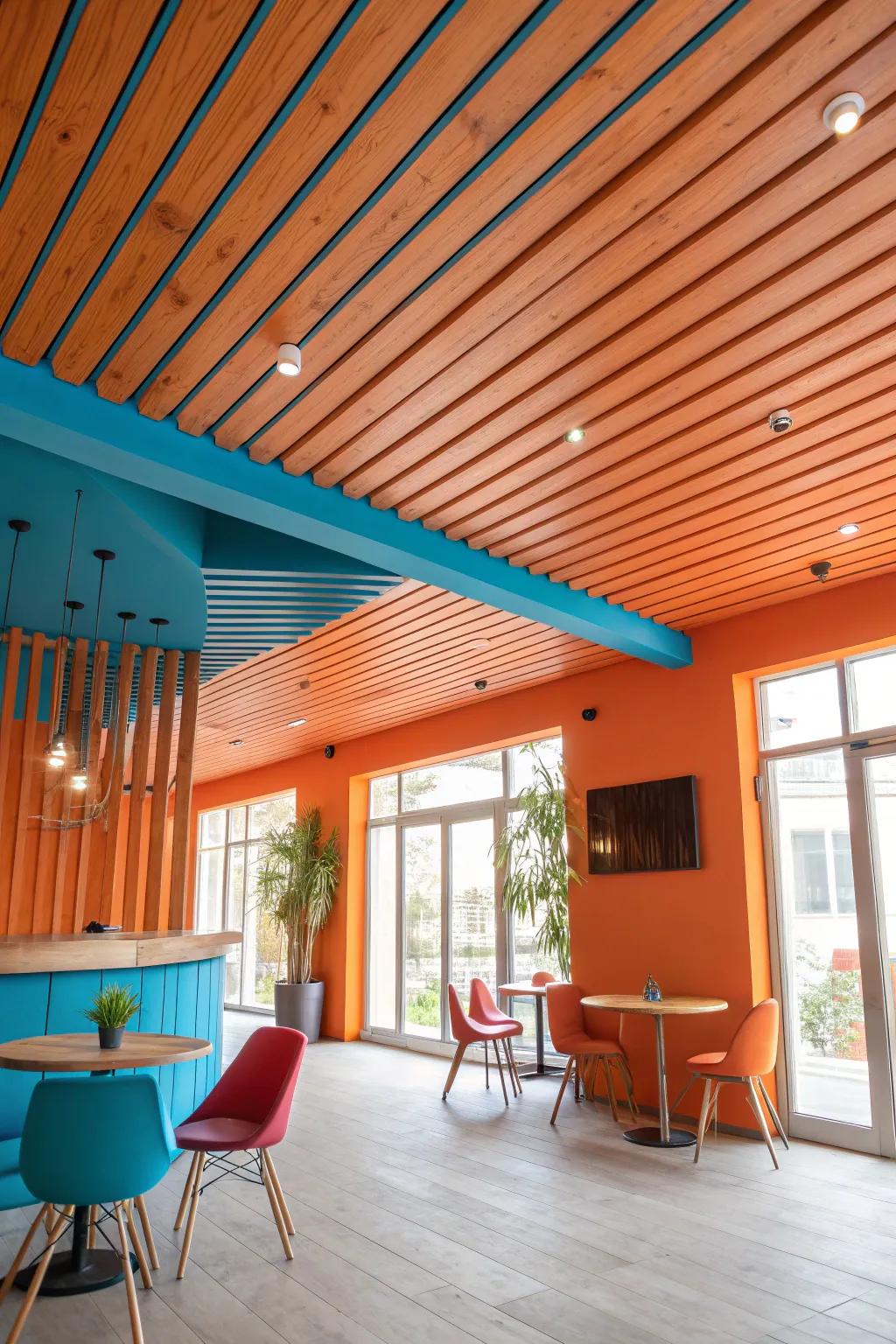 Capture attention with a playful patterned wood slat ceiling that adds modern flair. 🎨 #PatternPlay #ModernDesign