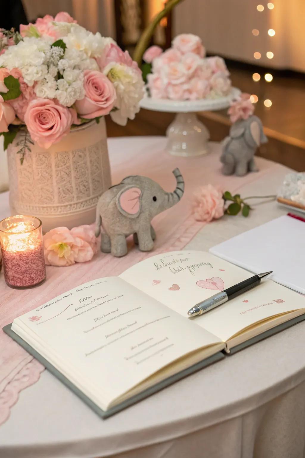 Capture heartfelt memories with an elephant-themed guest book filled with love and wishes.