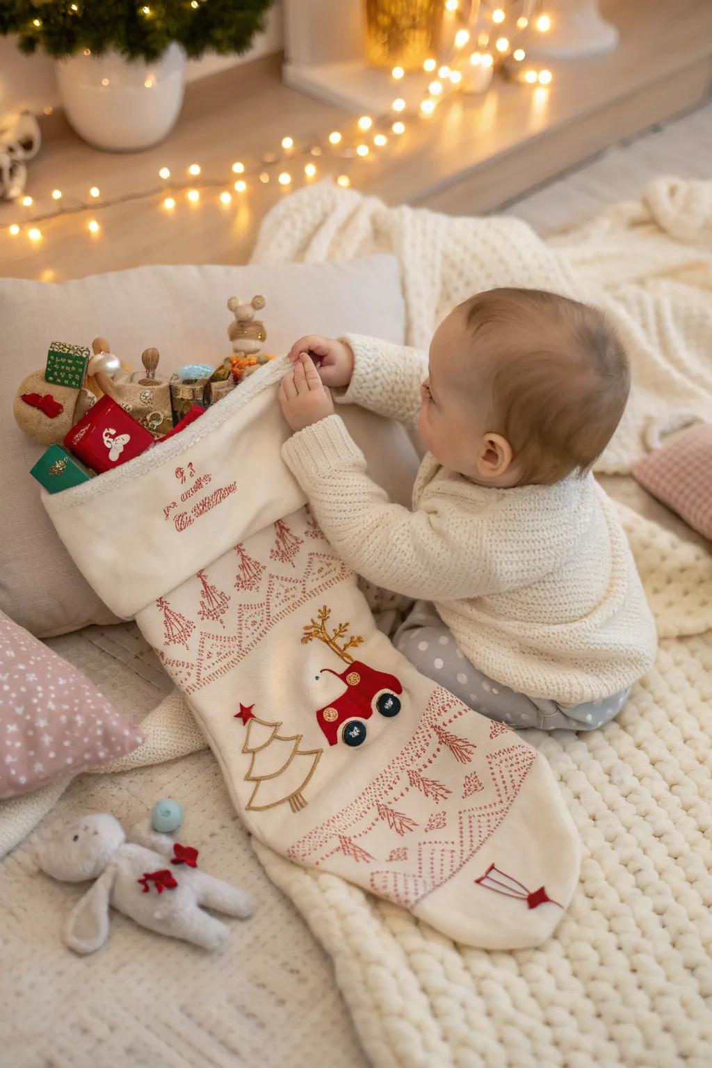 Delight in the magic of stocking stuffers filled with surprises that bring joy to your baby's first Christmas morning.