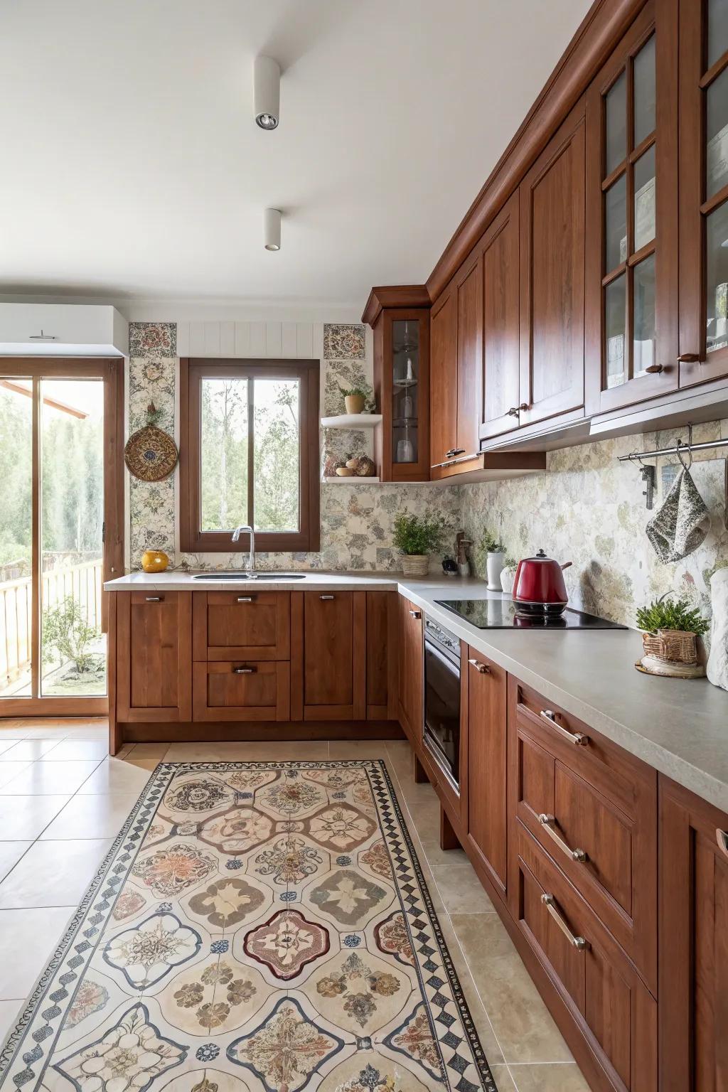 Patterned tiles add a unique character, making cherry cabinets truly stand out.
