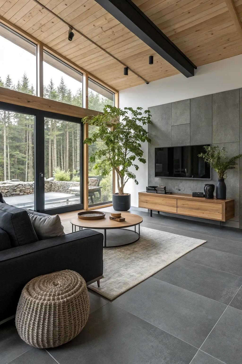 Black accents provide a bold and modern touch, making gray floors stand out. 🖤 #BlackAndGray #InteriorDesign