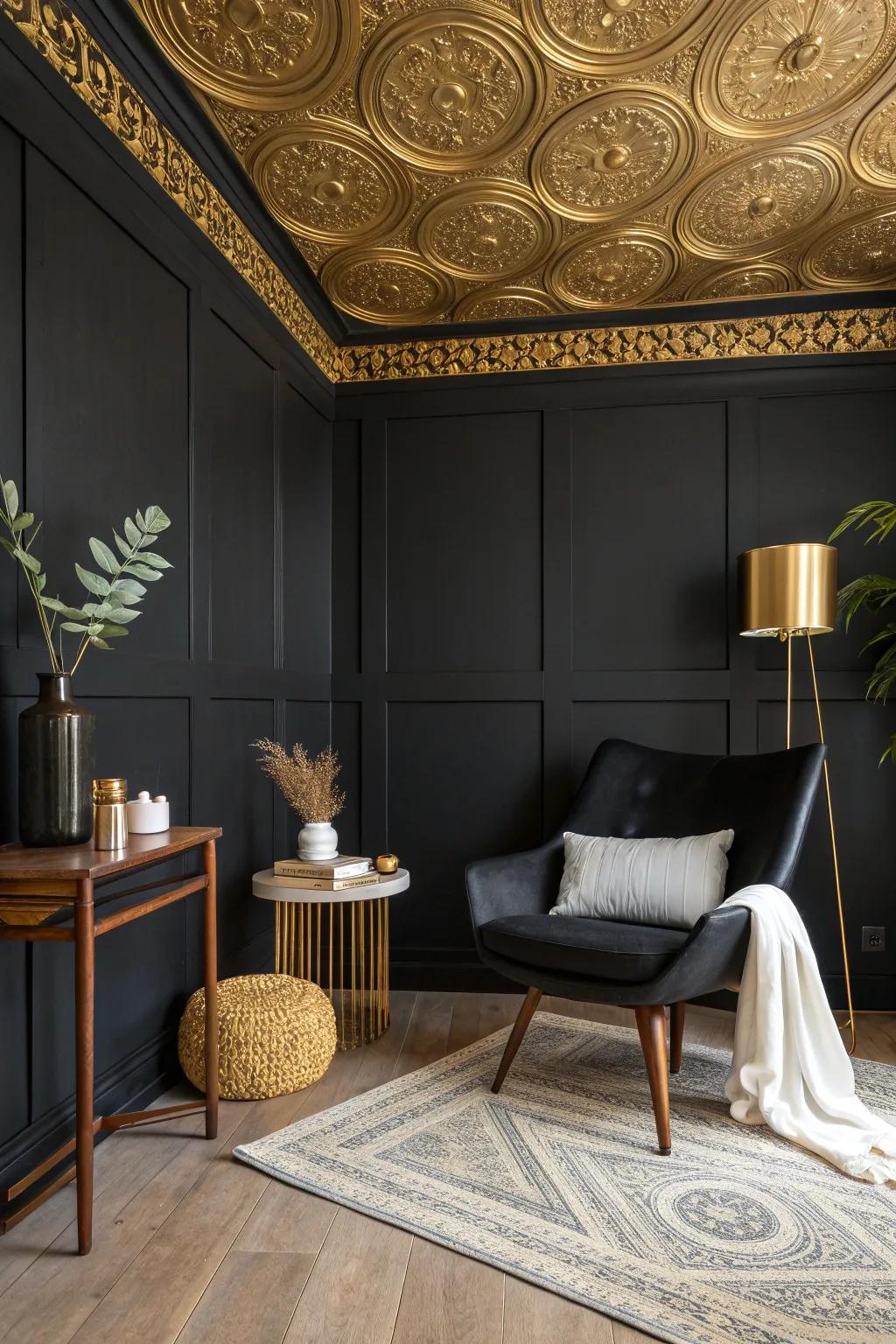 Take your decor to new heights with stunning gold ceiling accents above a bold wall.