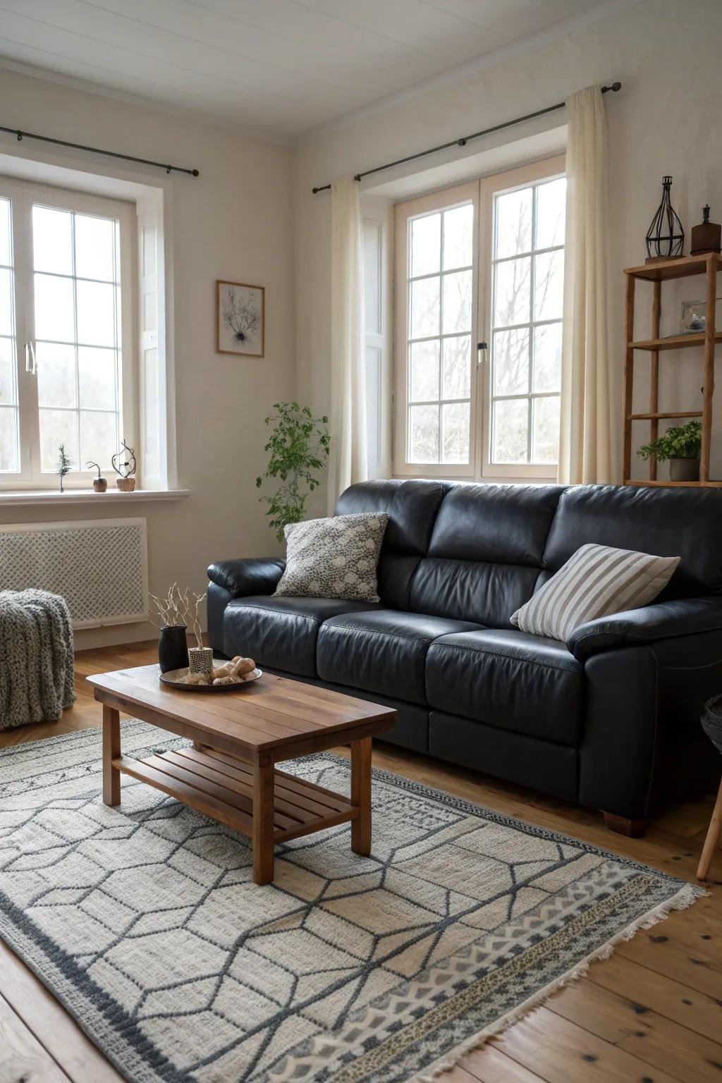A statement rug anchors the room, adding character and charm. #StatementRug #HomeStyling #RoomMakeover