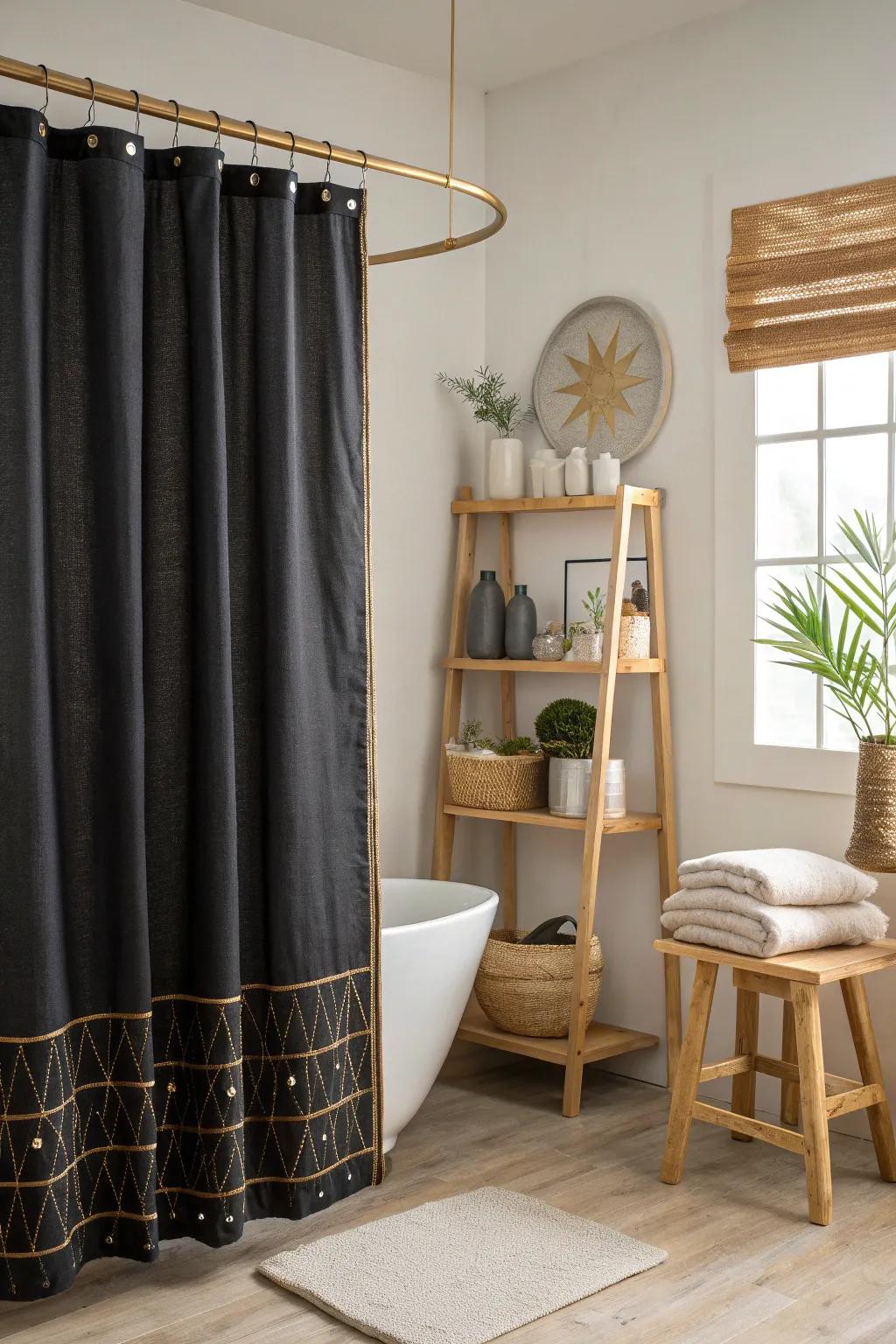 Indulge in luxury with a black and gold shower curtain that exudes opulence and style 🌟 #LuxuryDecor #BathroomInspo #InteriorVibes