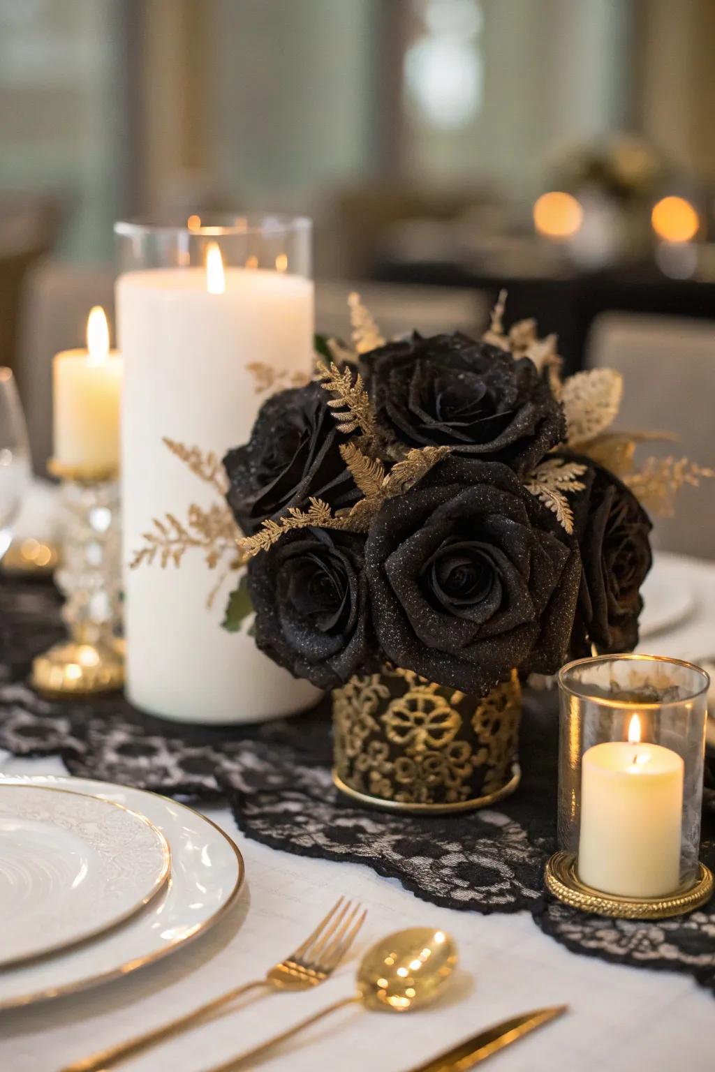 Delicate and romantic: black lace adds texture and charm to your centerpiece.