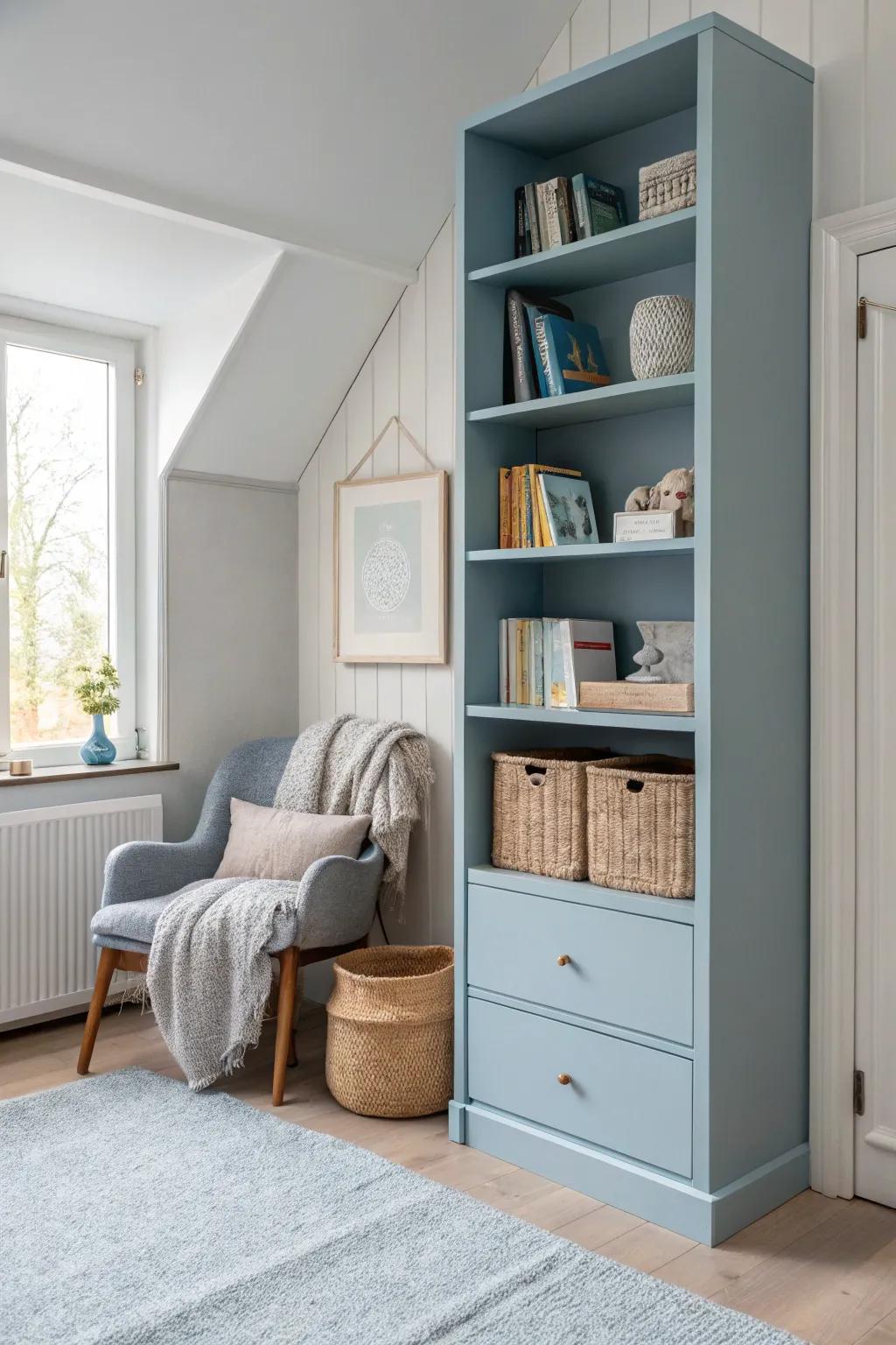 Vertical storage keeps everything organized and within reach.