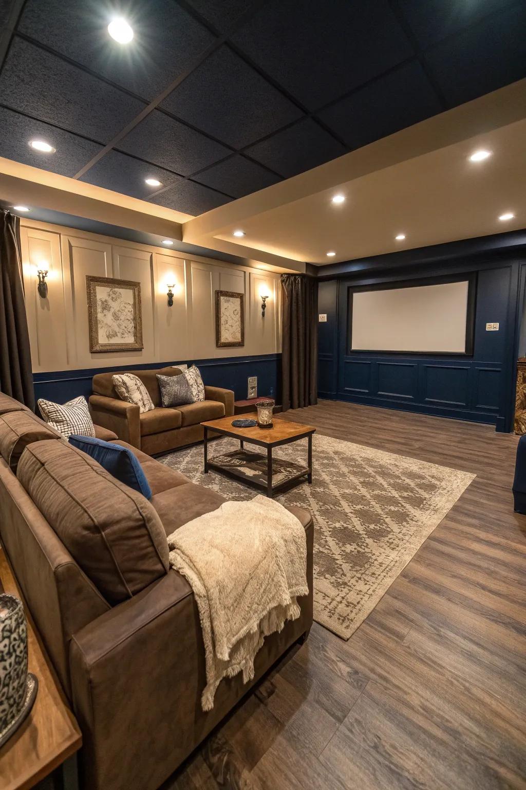 Opt for vinyl flooring for a budget-friendly and stylish foundation in your home theater.
